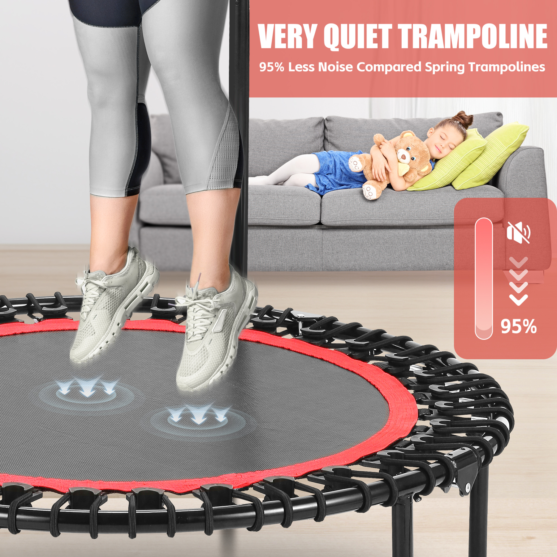 40" Trampoline with Resistance Ropes,Fitness Foldable Mini Trampoline Max Load 450lbs, 4-Level Height-Adjustable Foam Handle,Indoor/Outdoor Rebounder for Adults