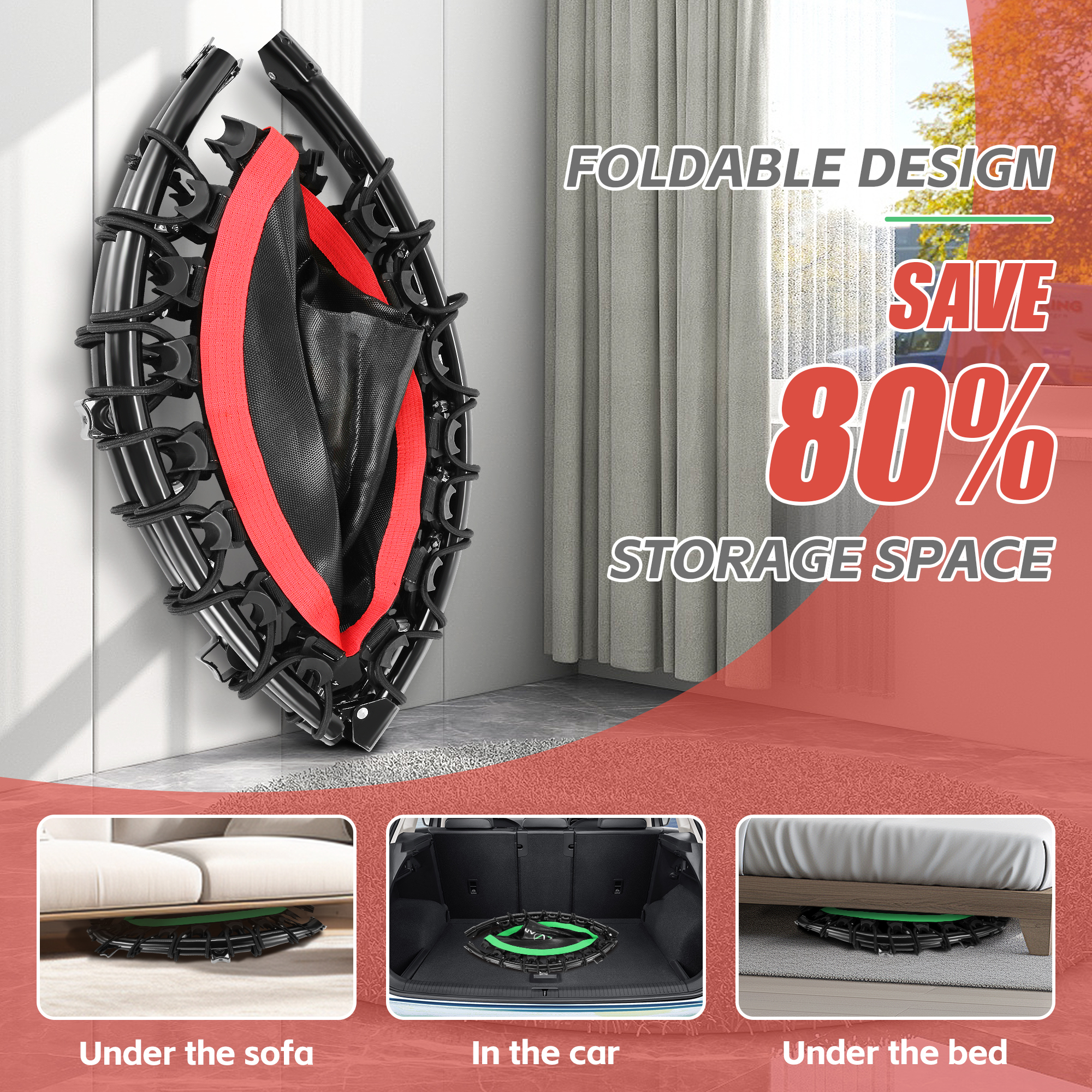 40" Trampoline with Resistance Ropes,Fitness Foldable Mini Trampoline Max Load 450lbs, 4-Level Height-Adjustable Foam Handle,Indoor/Outdoor Rebounder for Adults