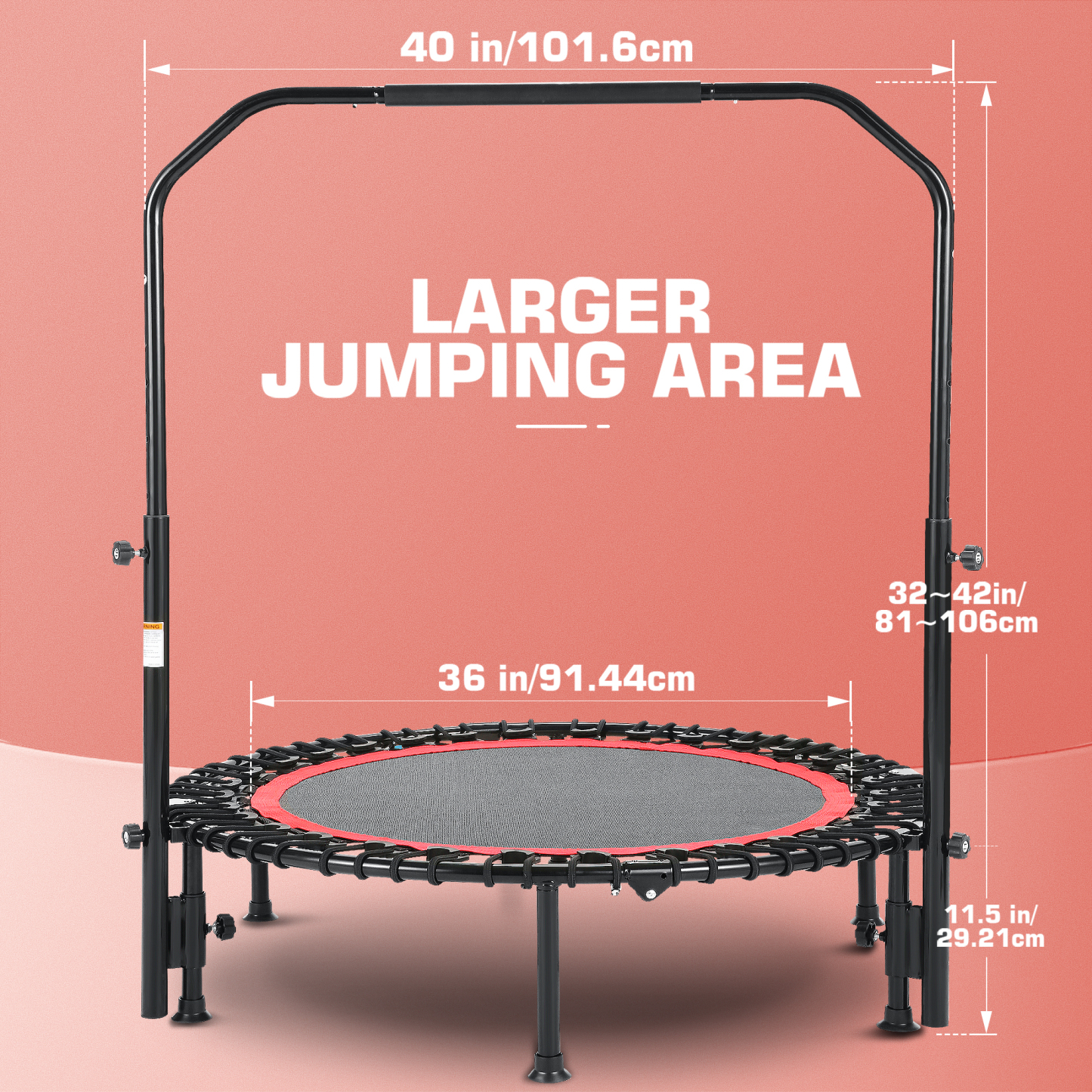 40" Trampoline with Resistance Ropes,Fitness Foldable Mini Trampoline Max Load 450lbs, 4-Level Height-Adjustable Foam Handle,Indoor/Outdoor Rebounder for Adults