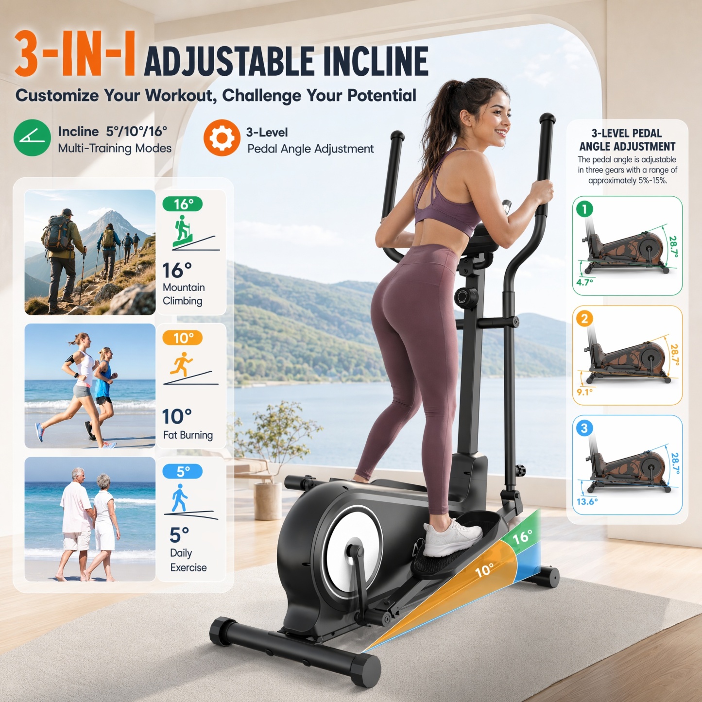 Funmily Elliptical Training Machine, 550lbs Capacity Heavy Duty Elliptical Exercise Machine for Home Use, 16-Level Magnetic Resistance, 15.5" Stride, 3-Way Adjustable Pedals