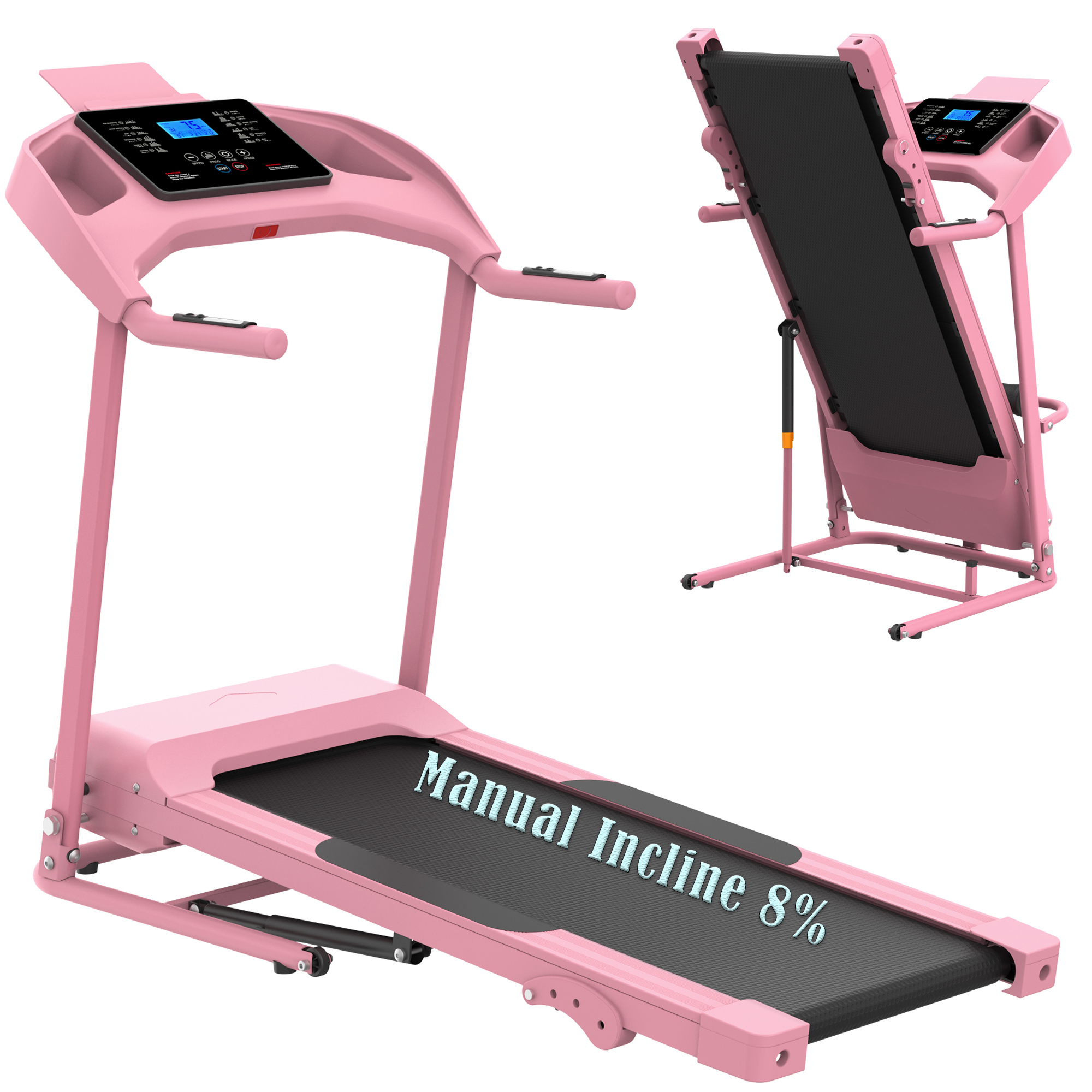 Folding Treadmill with manual Incline,3.0 HP Portable Compact Treadmill for Home Office,Electric Treadmill with LCD Display,Max 9MPH Speed,Pink