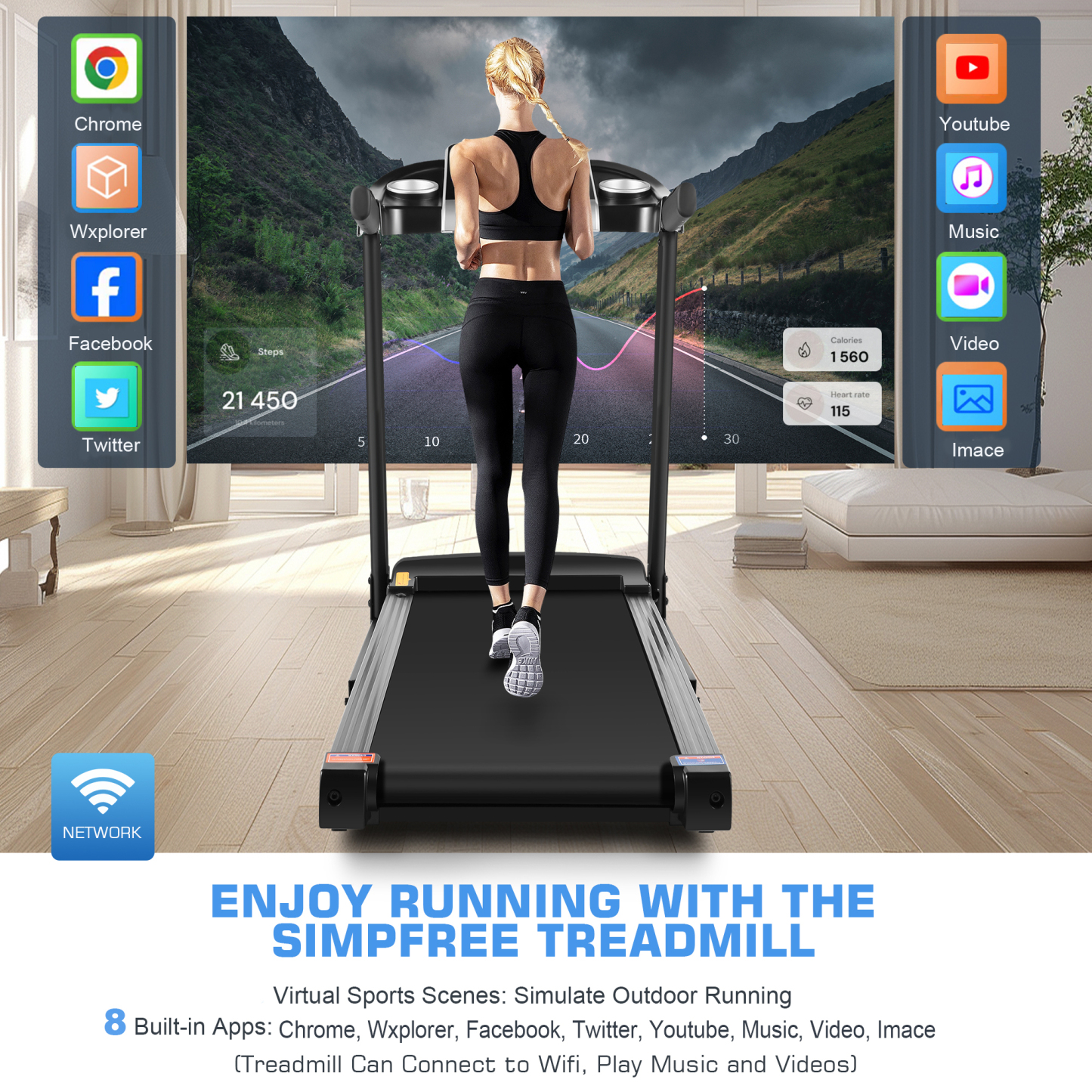 Simpfree Treadmill with 10" HD TV Movie Touchscreen and 3D Virtual Sports Scene, 0.5-9.0 mph/h & 3.25HP Electric Treadmill with Incline for Home（Black）