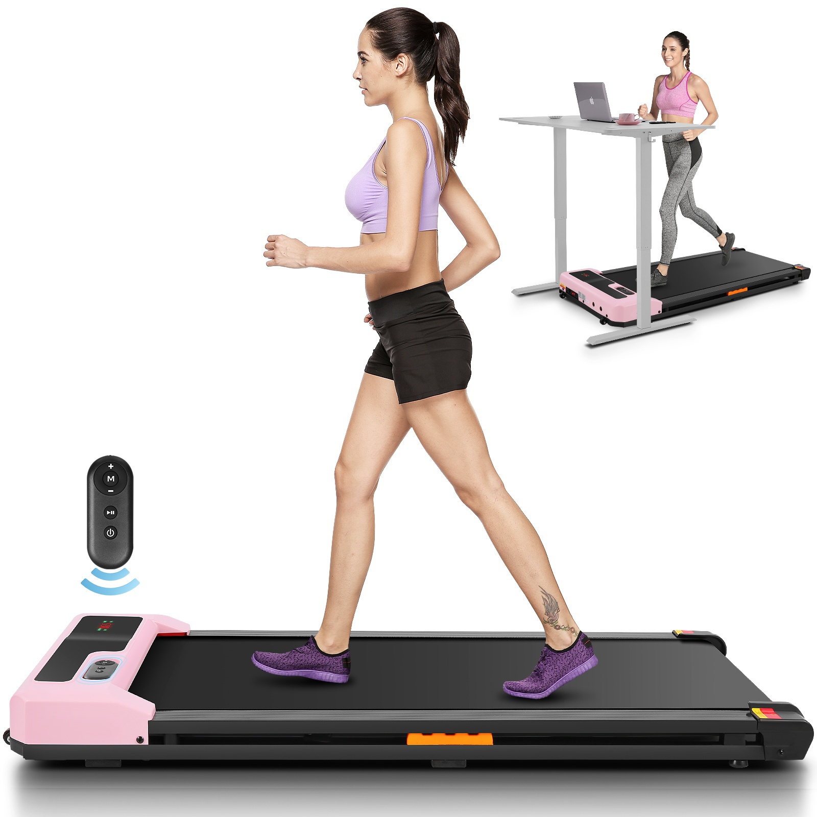 Walking Pad with Shock-absorbing Rubber, 2 in 1 Under Desk Treadmill with Remote Control, 300lbs Portable Treadmill with 3 Custom Modes for Home/Office (Pink)