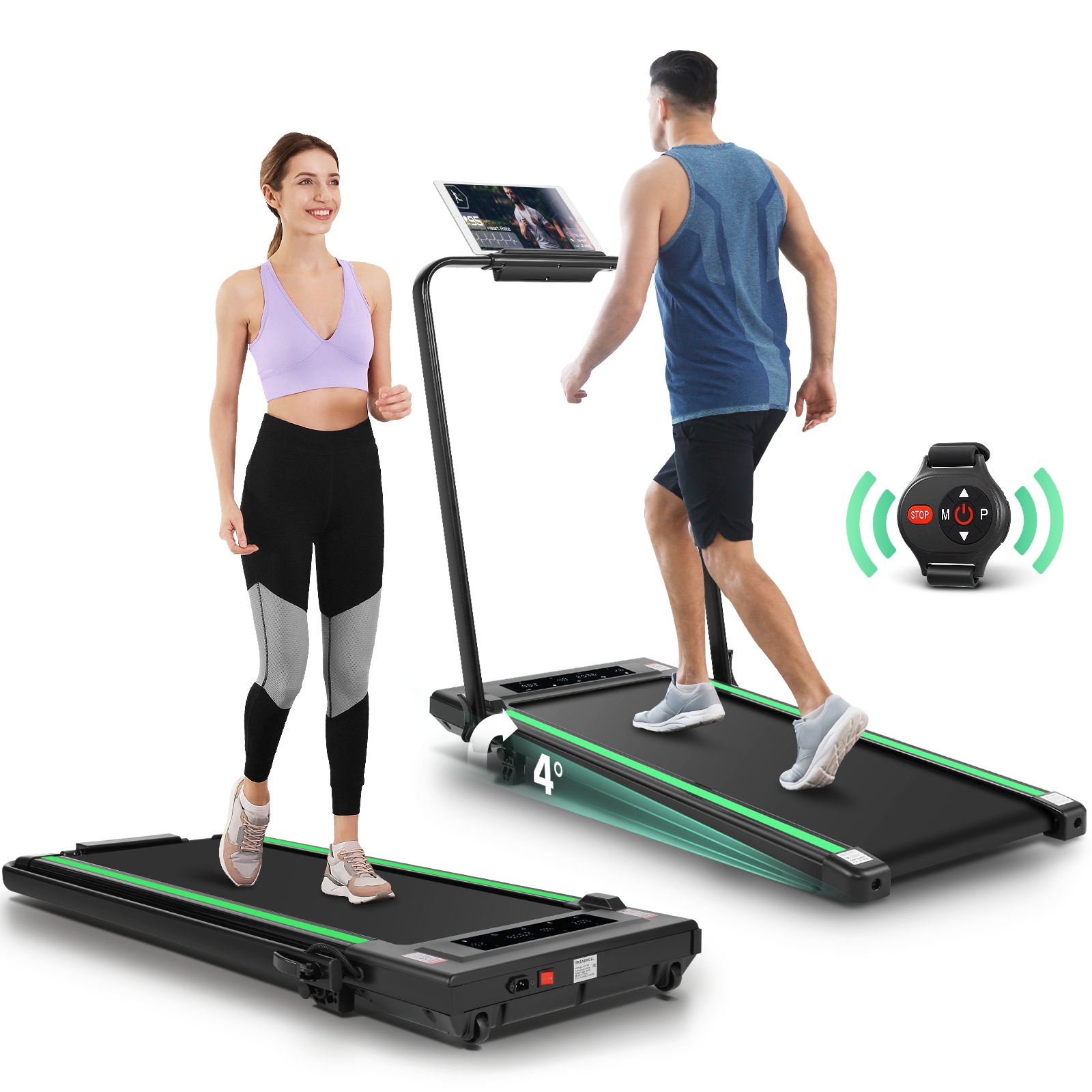 2 in 1 Under Desk Treadmill with Incline-Max 300lb Capacity, Walking Pad/Compact Electric Treadmill for Home/Gym/Office with LED Touch Screen/Remote Watch/2s Folding Treadmill（Green）