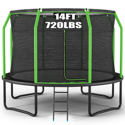 8FT 12FT 14FT Trampoline with Enclosure Net, No Gap Design, Backyard Trampoline with Ladder, Outdoor Heavy-Duty Recreational Round Trampolines,14FT-720LBS