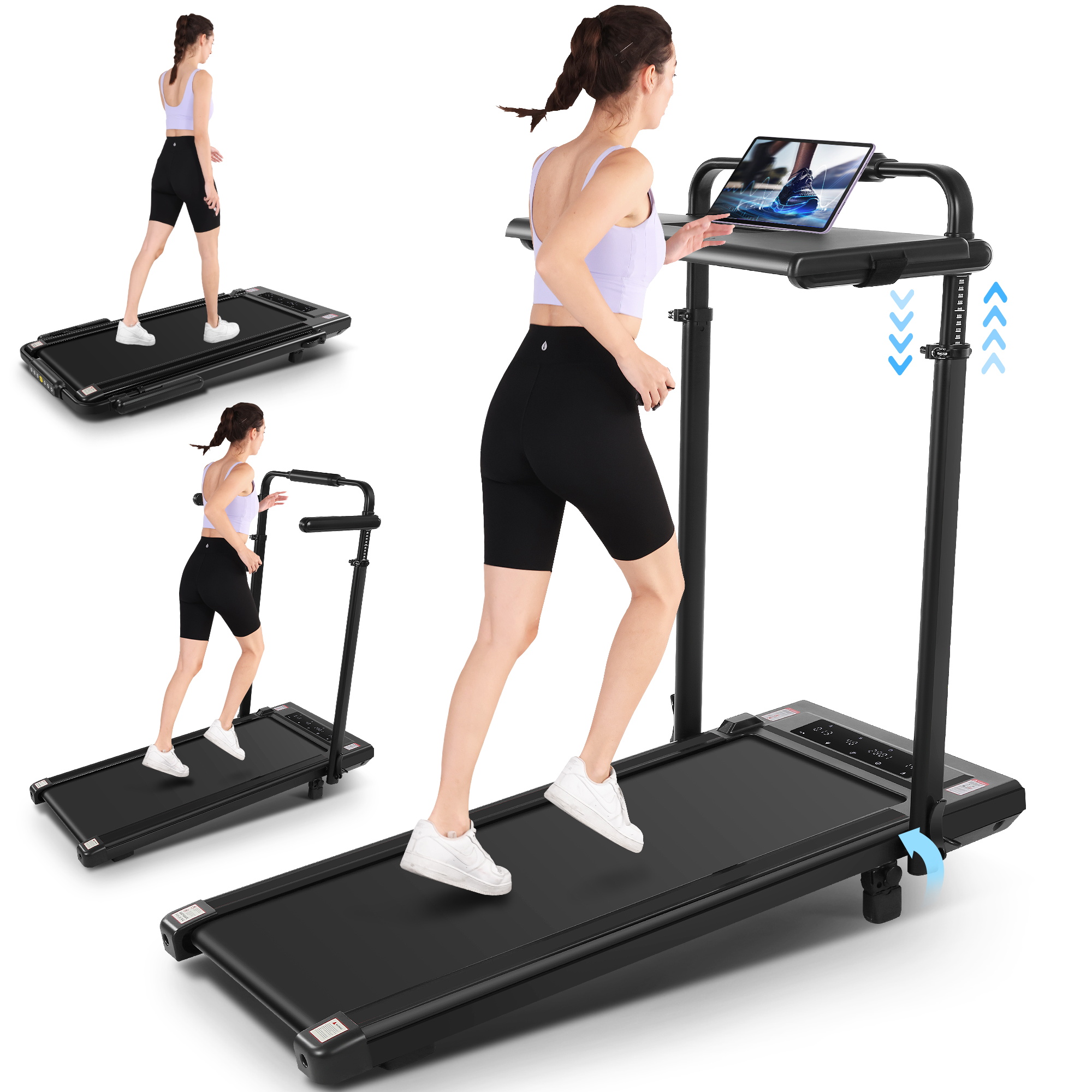 Simpfree 3 in 1 Under Desk Treadmill with Height-adjustable Desk,Max 300lbs Capacity,Walking Pad with LED Touch Screen,Remote Control,2s Folding Treadmill,No installation required,0.5-7.5mph/h（Black）