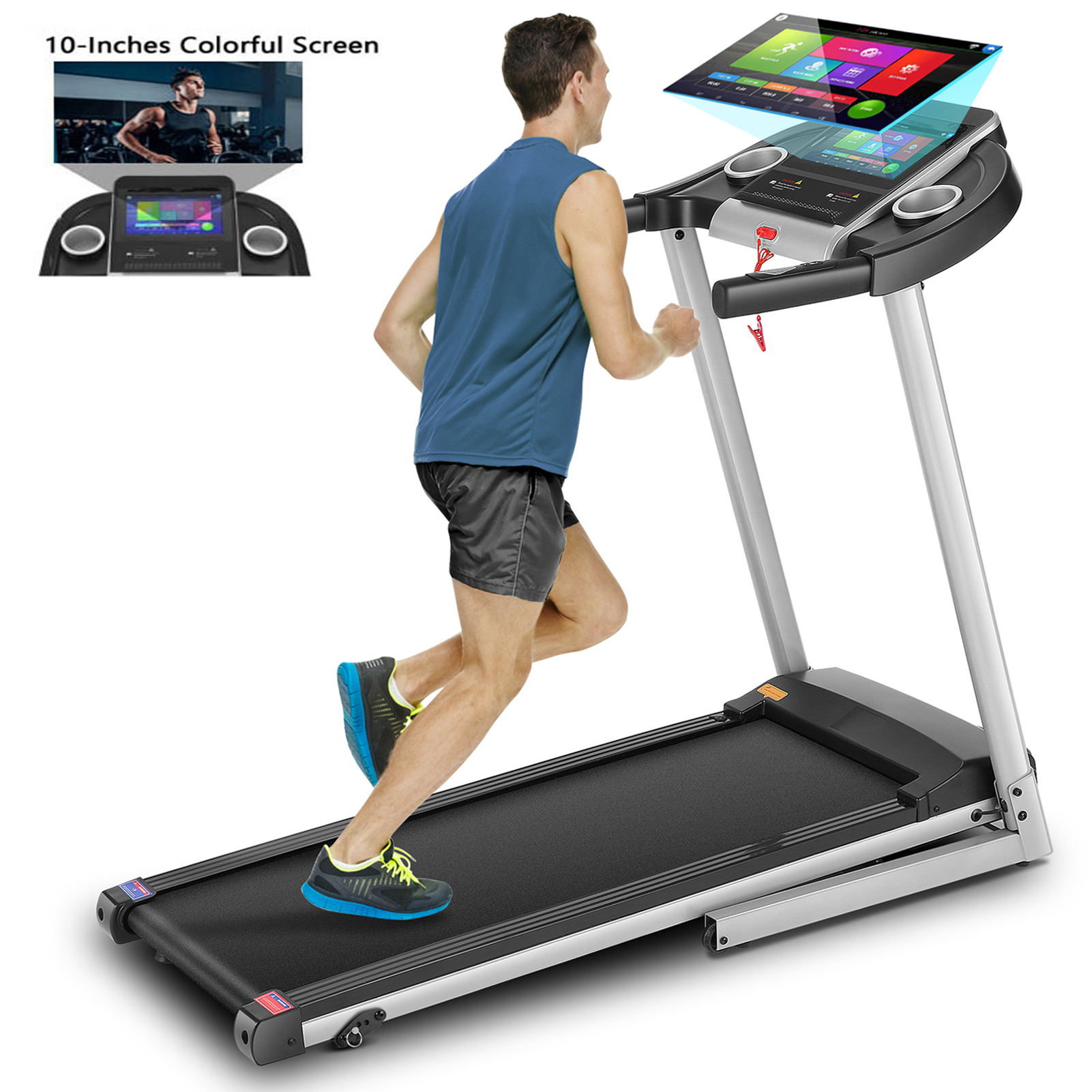  Home Treadmill--Treadmill with 10" HD TV Movie Touchscreen and 3D Virtual Sports Scene, Folding Treadmill with WiFi Connection, Speaker, Wide Belt, Youtube（Silver）