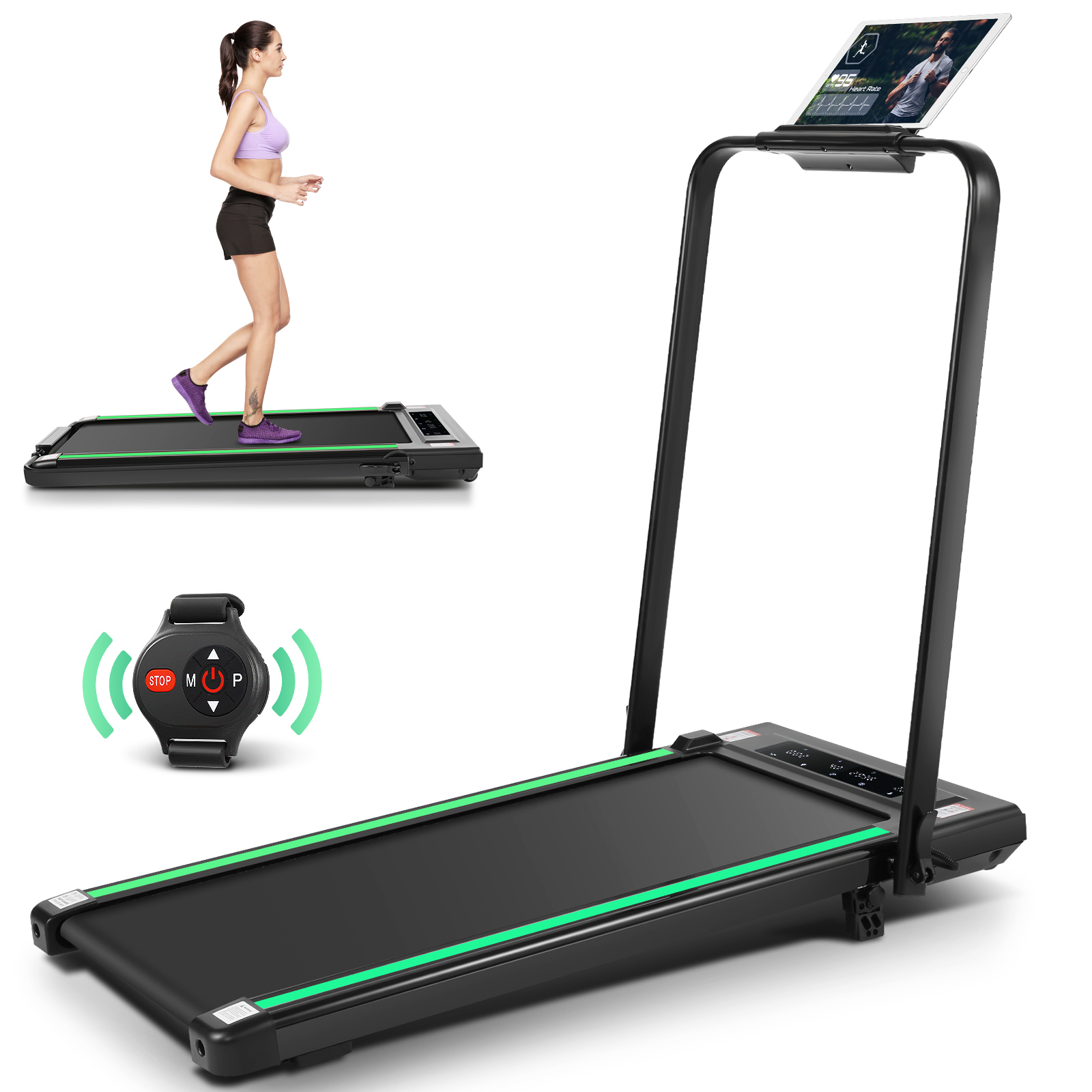 Simpfree 2 in 1 Under Desk Treadmill with Incline, Max 300lbs Capacity, Walking Pad/Compact Electric Treadmill for Home/Office with LED Touch Screen/Remote Watch |2s Folding Treadmill(Green)