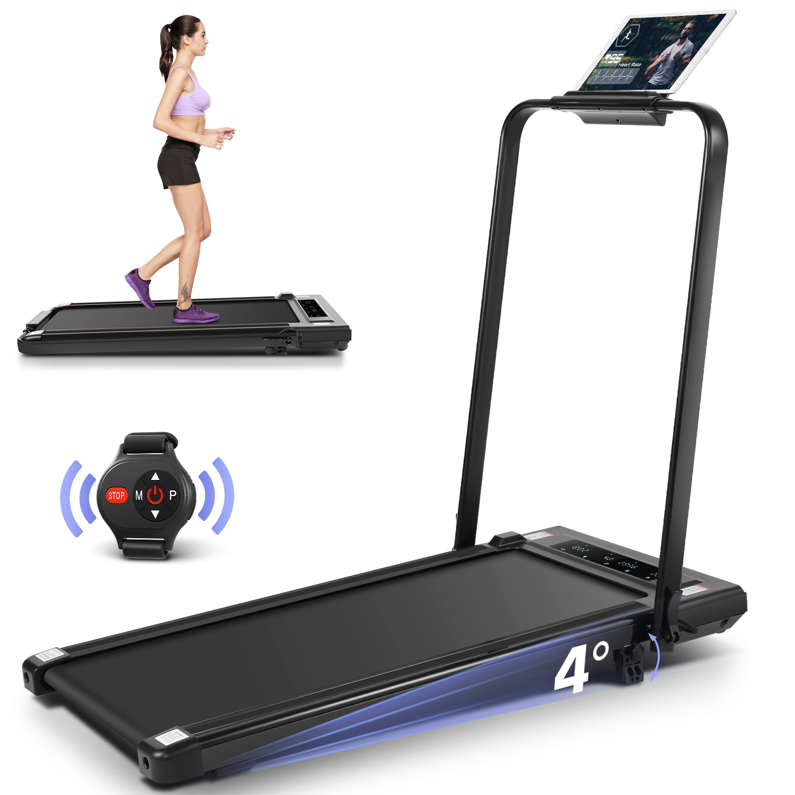 Simpfree 2 in 1 Under Desk Treadmill with Incline, Max 300lbs Capacity, Walking Pad/Compact Electric Treadmill for Home/Office with LED Touch Screen/Remote Watch |2s Folding Treadmill(Black)