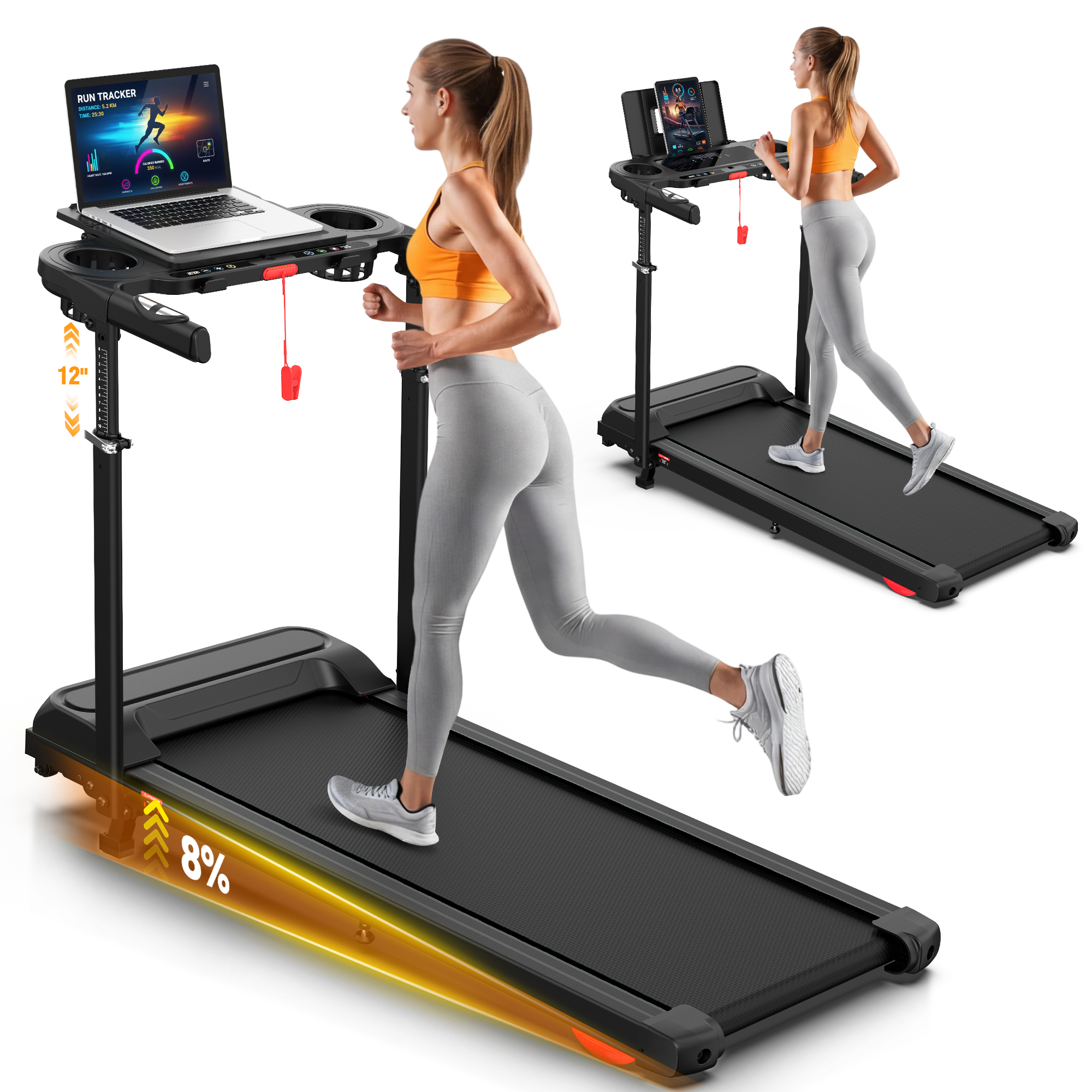 Adjustable Height Treadmill with Foldable Workstation & 8% Incline, 3.5HP Portable Treadmills for Home 300 lbs Weight Capacity, 12 Programs, Heart Rate Monitor,Installation in 4 Steps
