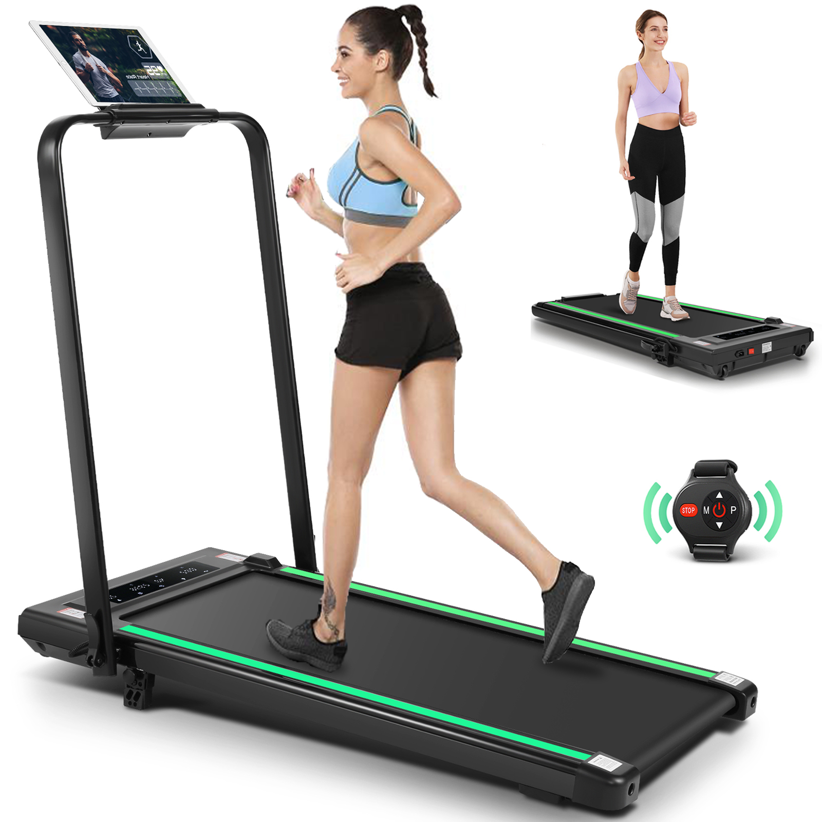 Simpfree 2 in 1 Under Desk Treadmill, Max 300lbs Capacity, Compact Electric Walking Pad/Treadmill for Home/Office with LED Touch Screen/Remote Watch |2s Folding | 0.6-7.5MPH (Green)
