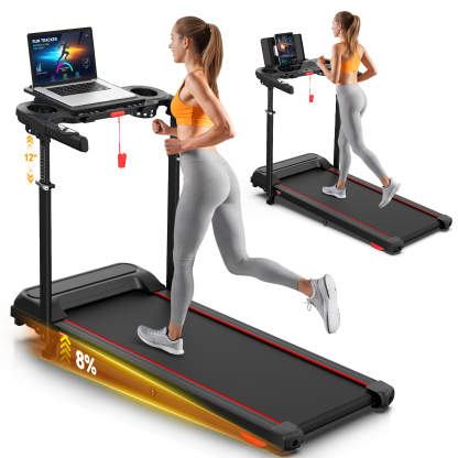 Adjustable Height Treadmill with Foldable Workstation & 8% Incline, 3.5HP Portable Treadmills for Home 300 lbs Weight Capacity, 12 Programs, Heart Rate Monitor,Installation in 4 Steps