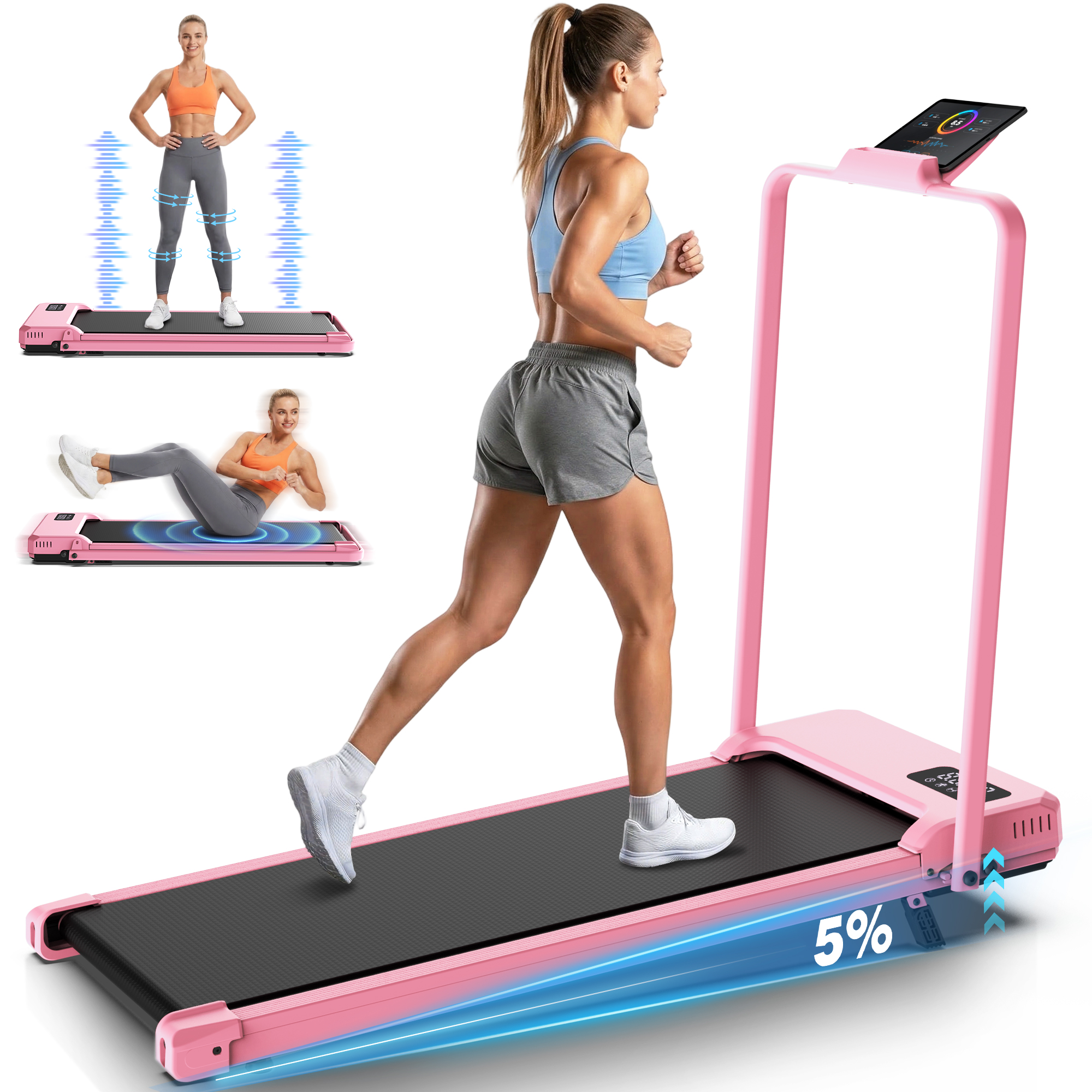 Simpfree Walking Vibration Pad with 8% Incline,3 in 1 Walking Pad with Handle Bar,2.5HP Treadmills for Home/Office/Gym, Foldable Under Desk Treadmill 300LBS Capacity,2S Folding,Installation-Free