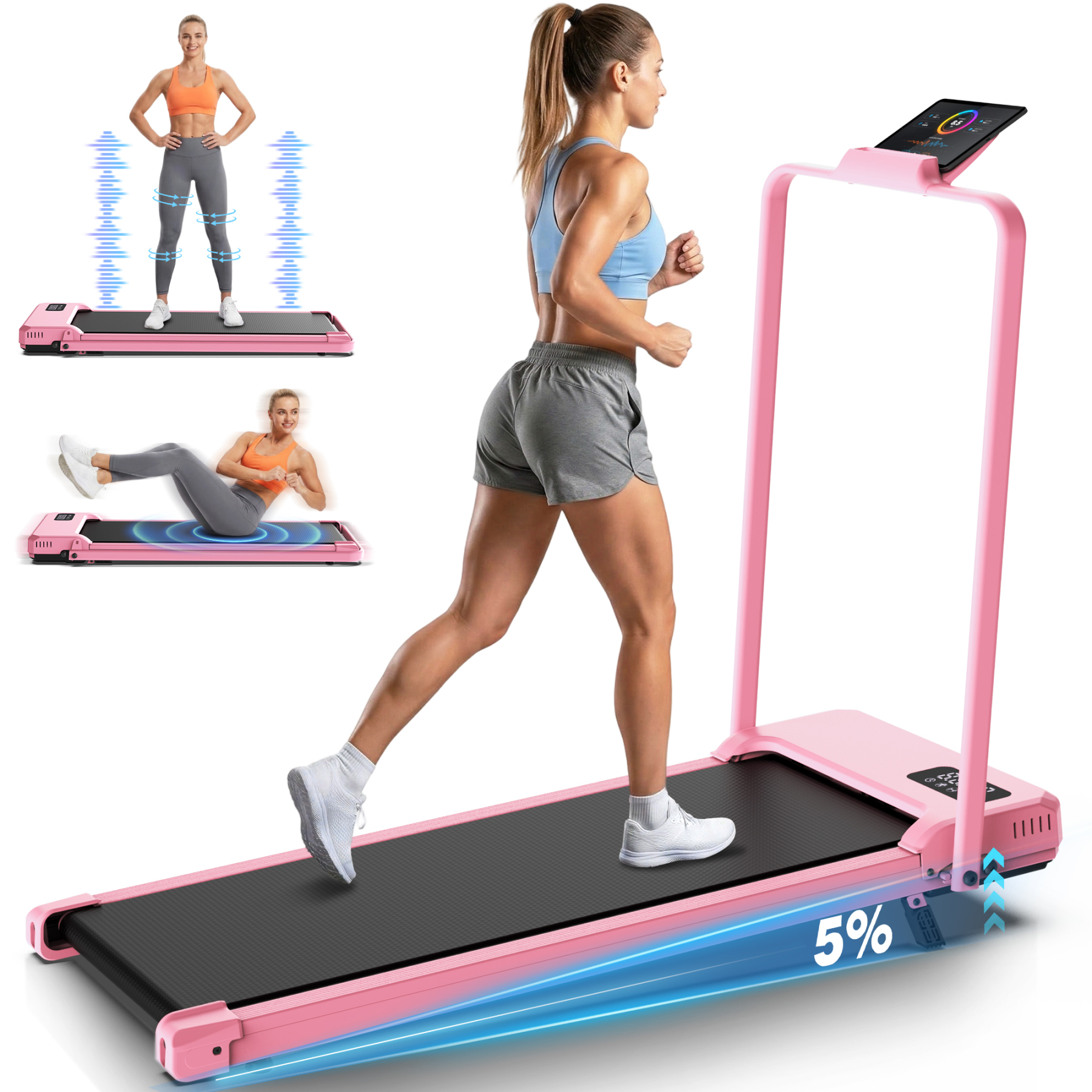 Simpfree Walking Vibration Pad with 8% Incline,3 in 1 Walking Pad with Handle Bar,2.5HP Treadmills for Home/Office/Gym, Foldable Under Desk Treadmill 300LBS Capacity,2S Folding,Installation-Free