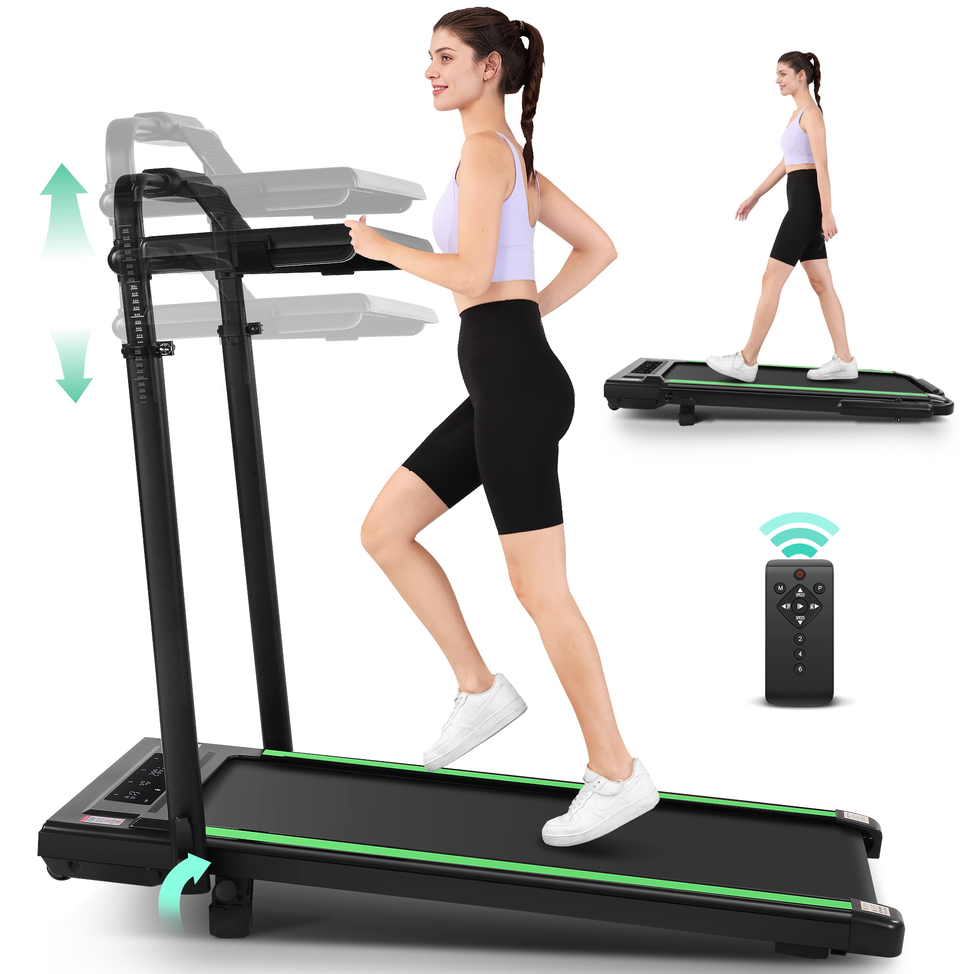 Simpfree 3 in 1 Under Desk Treadmill with Height-adjustable Desk,Max 300lbs Capacity,Walking Pad with LED Touch Screen,Remote Control,2s Folding Treadmill,No installation required,0.5-7.5mph/h（Green）