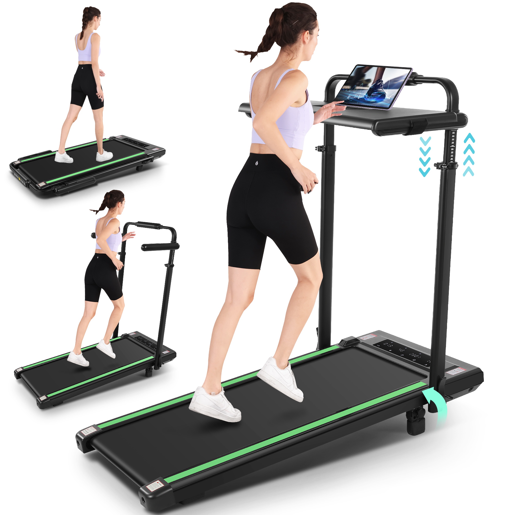 Simpfree 3 in 1 Under Desk Treadmill with Height-adjustable Desk,Max 300lbs Capacity,Walking Pad with LED Touch Screen,Remote Control,2s Folding Treadmill,No installation required,0.5-7.5mph/h（Green）