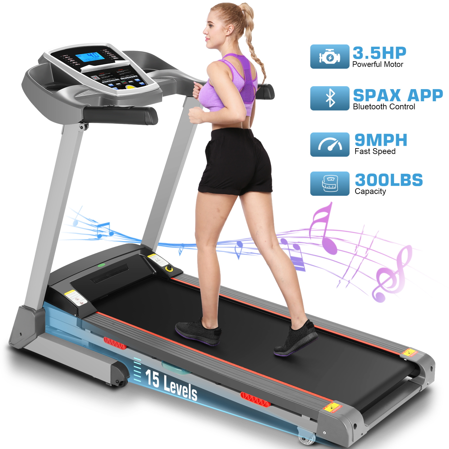 Simpfree Treadmill with 15-Level Auto Incline, 300LBS Electric Treadmill for Home Gym Cardio Training, 3.25HP Running Machine Home Exercise, Smart APP & Audio Speakers, LED(Silver)
