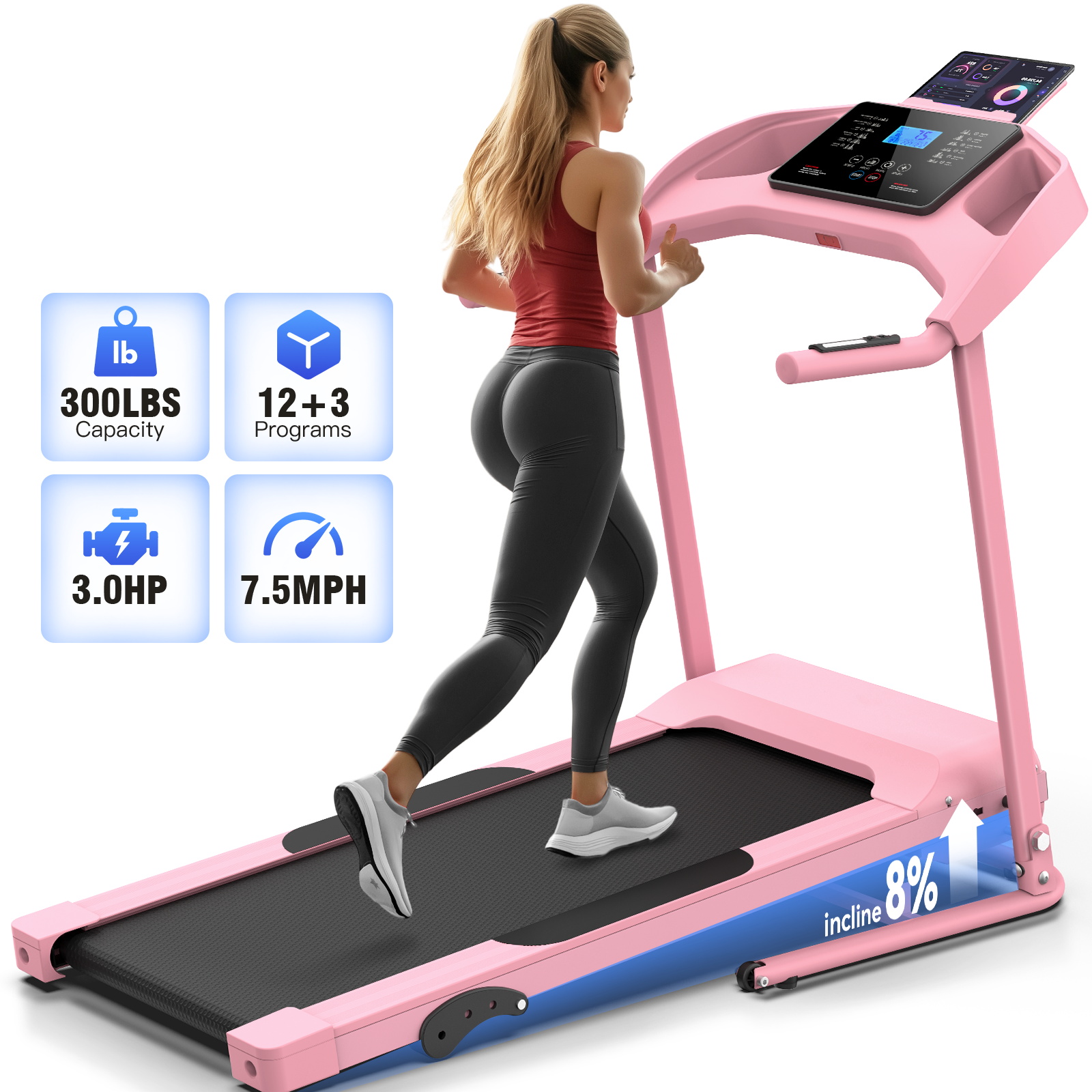 300 lbs Portable Folding Treadmill, 3.0 HP Foldable Compact Treadmill for Home Office, Walking Running Treadmill with LCD Display for Exercise, Treadmill with Incline, 12 Programs