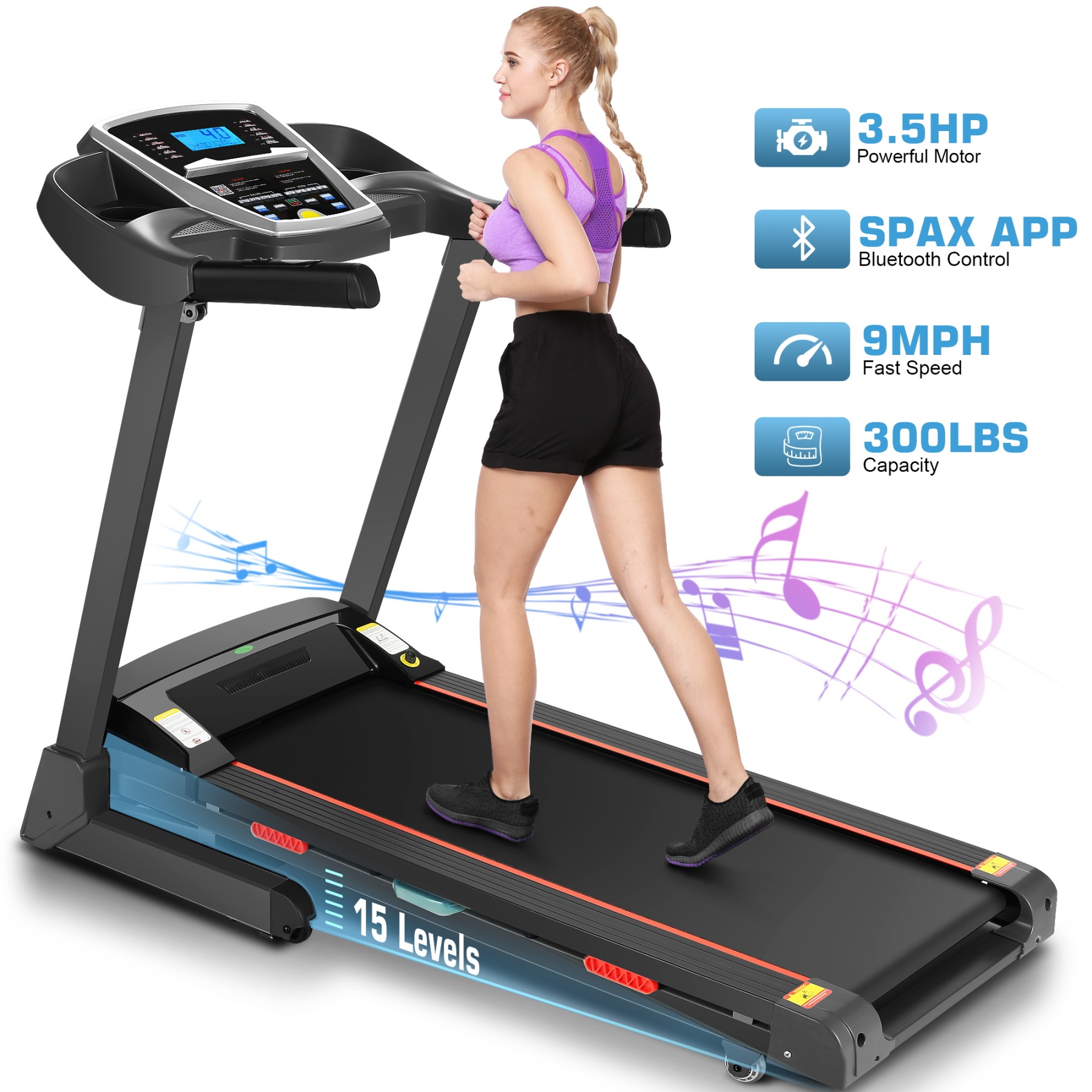 Simpfree Treadmill with 15-Level Auto Incline, 300LBS Electric Treadmill for Home Gym Cardio Training, 3.25HP Running Machine -20P