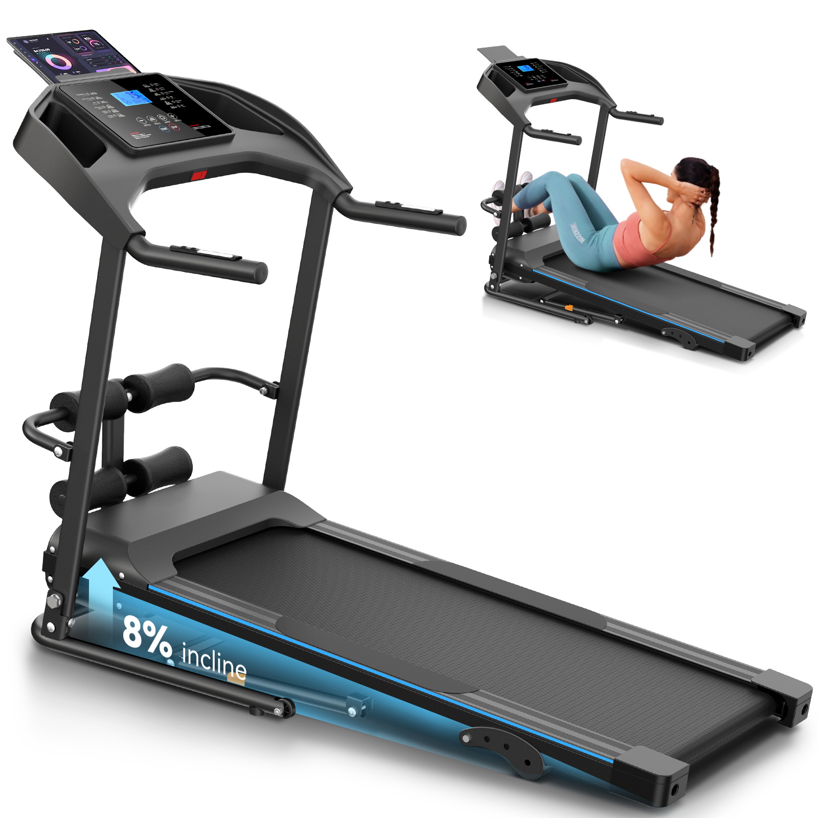 Treadmill with Incline, 3.0 HP Foldable Compact Treadmill with Sit-up Function, 300 lbs Walking Running Treadmill with LCD Display for Exercise, 12 Programs