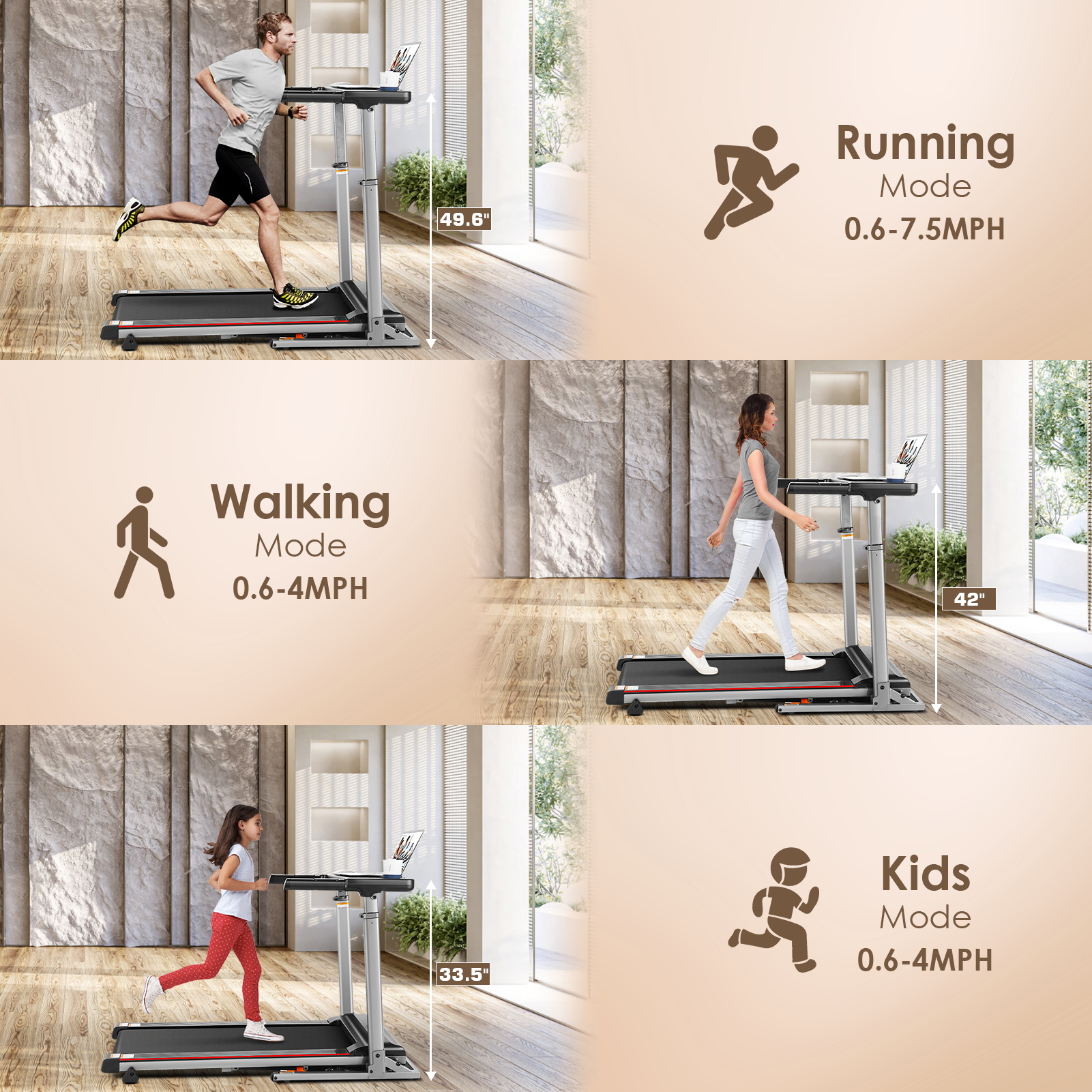 300 LBS Capacity Treadmill with Desk — 2.5 HP Portable Folding Treadmill for Home, Running Machine with Incline & App, Bluetooth Speakers, LED Monitor and 64 Preset Programs for Home（GRAY）