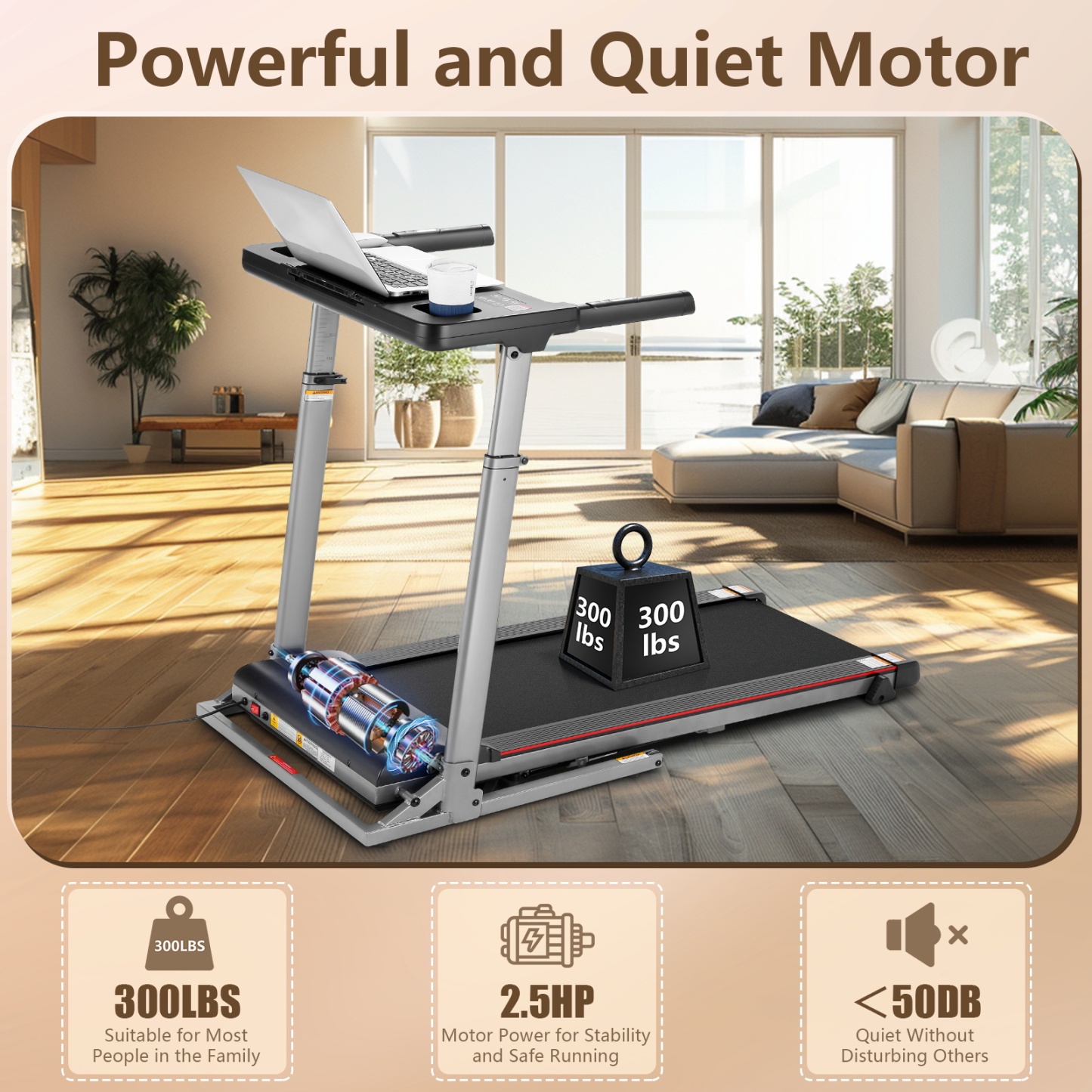 300 LBS Capacity Treadmill with Desk — 2.5 HP Portable Folding Treadmill for Home, Running Machine with Incline & App, Bluetooth Speakers, LED Monitor and 64 Preset Programs for Home（GRAY）