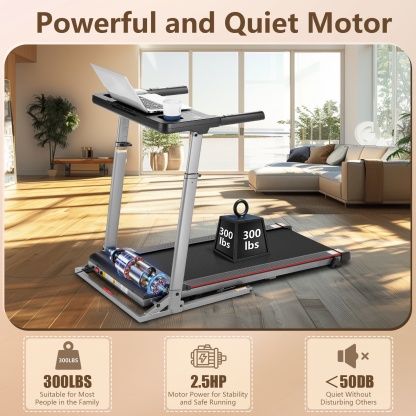 300 LBS Capacity Treadmill with Desk — 2.5 HP Portable Folding Treadmill for Home, Running Machine with Incline & App, Bluetooth Speakers, LED Monitor and 64 Preset Programs for Home（GRAY）