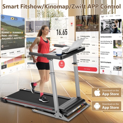 300 LBS Capacity Treadmill with Desk — 2.5 HP Portable Folding Treadmill for Home, Running Machine with Incline & App, Bluetooth Speakers, LED Monitor and 64 Preset Programs for Home（GRAY）