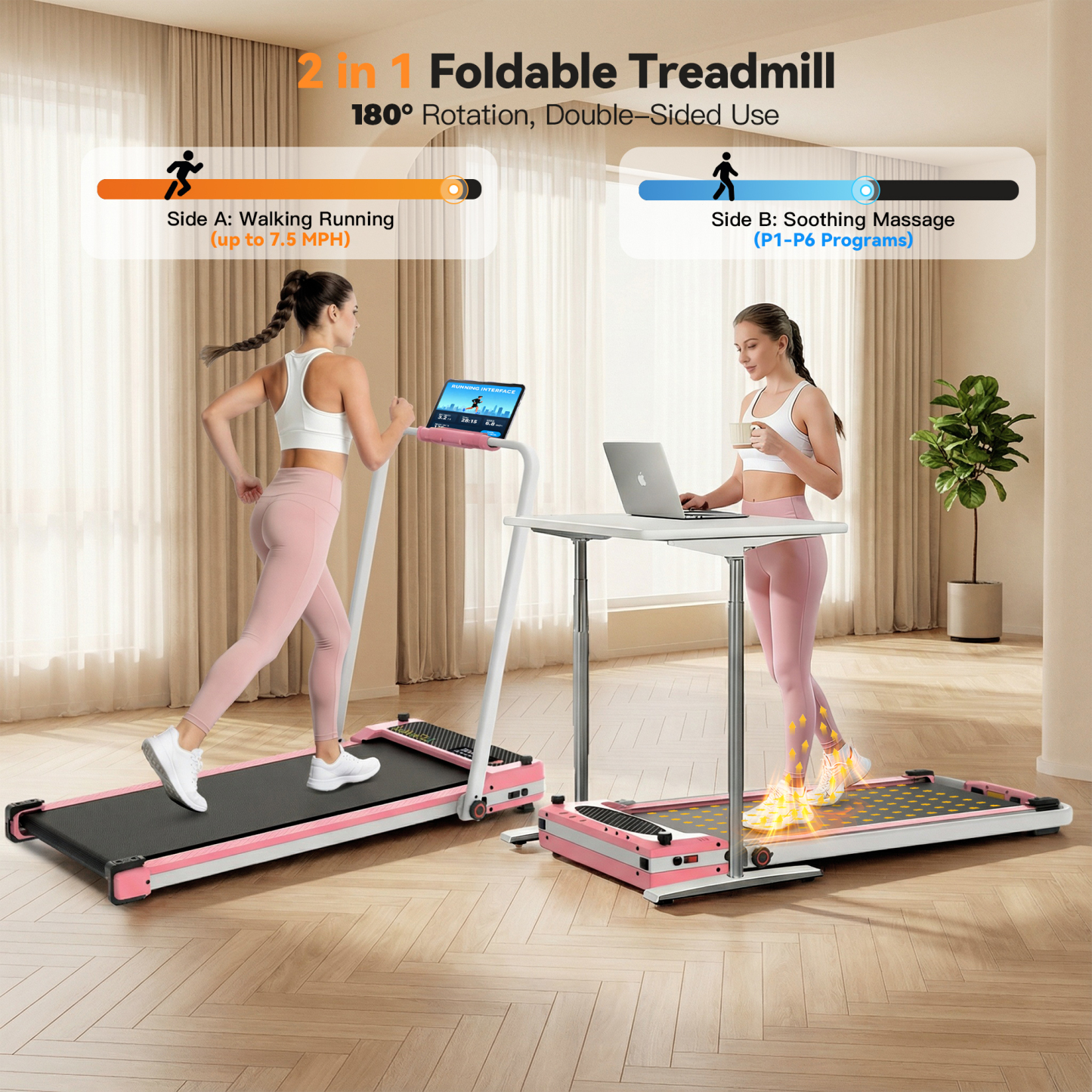 Simpfree Walking Pad Treadmill with Foot Massage, Versatile Dual-Sided Under Desk Treadmill with Handle Bar, 2.5HP Foldable Treadmill for Home/Office with 300LBS Weight Capacity,0.6-7.5MPH