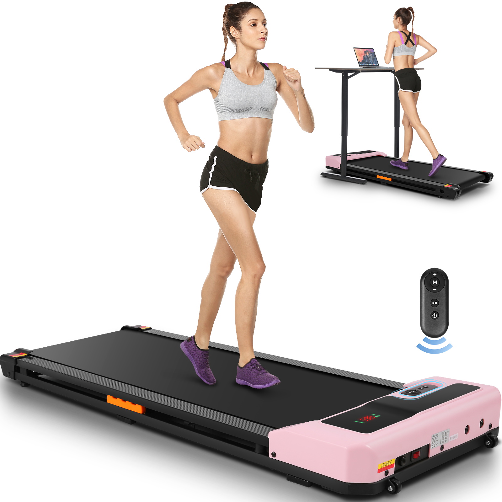 Walking Pad with Shock-absorbing Rubber, 2 in 1 Under Desk Treadmill with Remote Control, 300lbs Portable Treadmill with 3 Custom Modes for Home/Office (Pink)