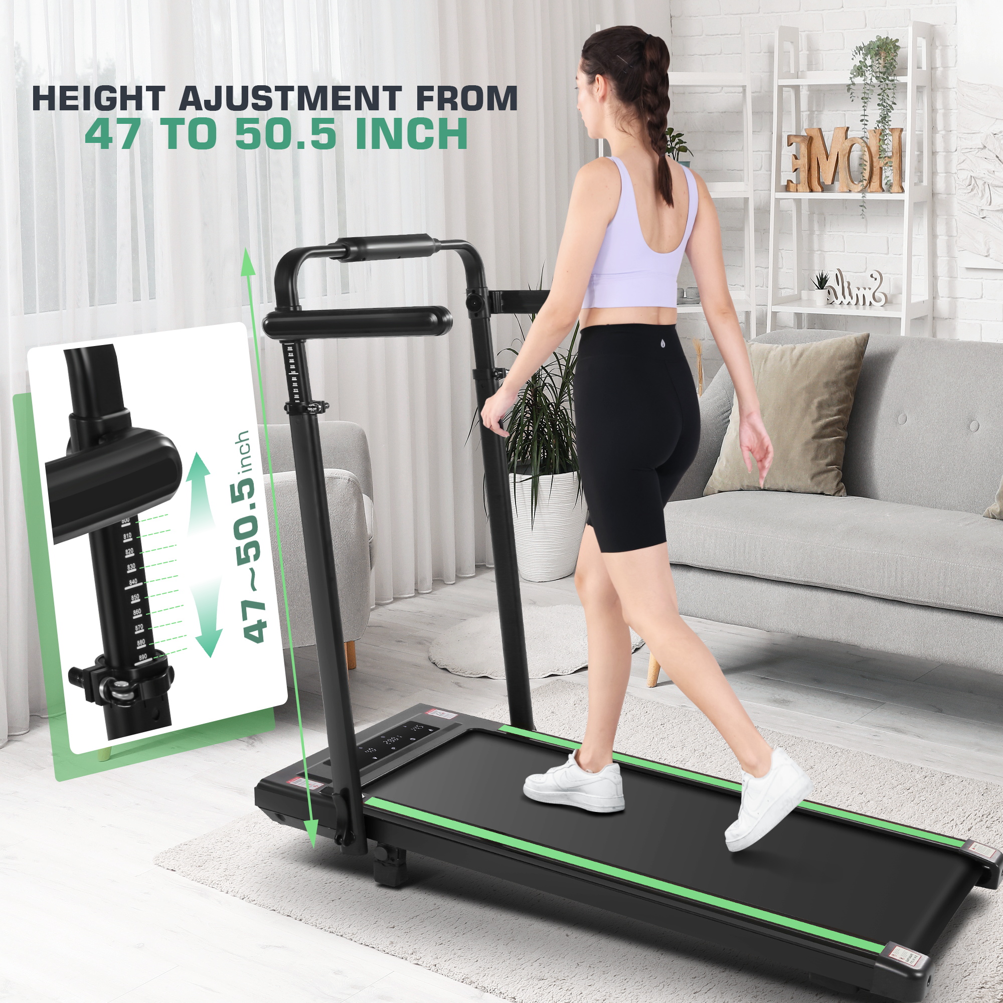 Simpfree 3 in 1 Under Desk Treadmill with Height-adjustable Desk,Max 300lbs Capacity,Walking Pad with LED Touch Screen,Remote Control,2s Folding Treadmill,No installation required,0.5-7.5mph/h（Green）