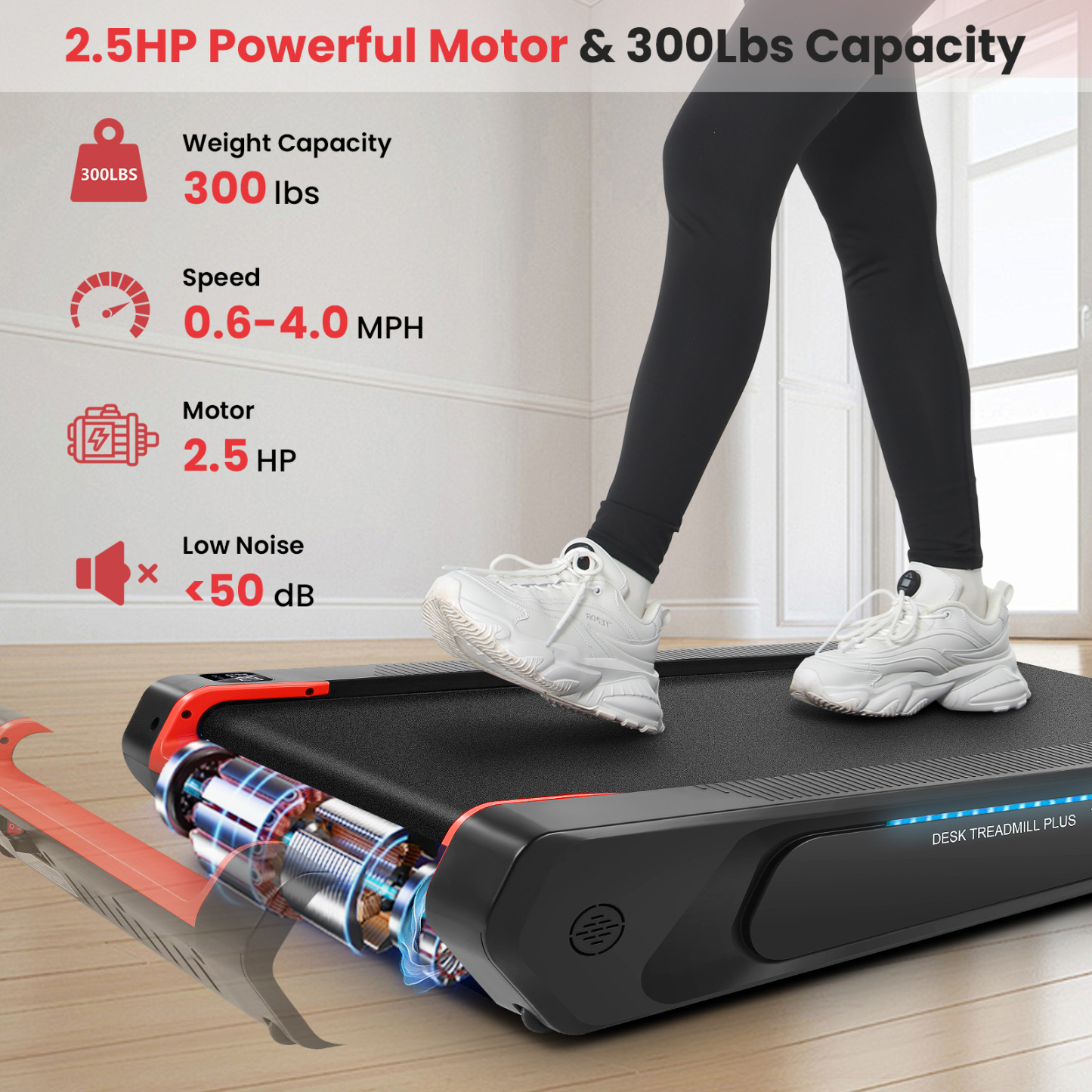 Walking Pad Treadmill with 5% Incline, 2.5HP Under Desk Treadmil with Remote and Unique Lamp Strip Design for Walking Running, Black & Red 300 Lbs Capacity