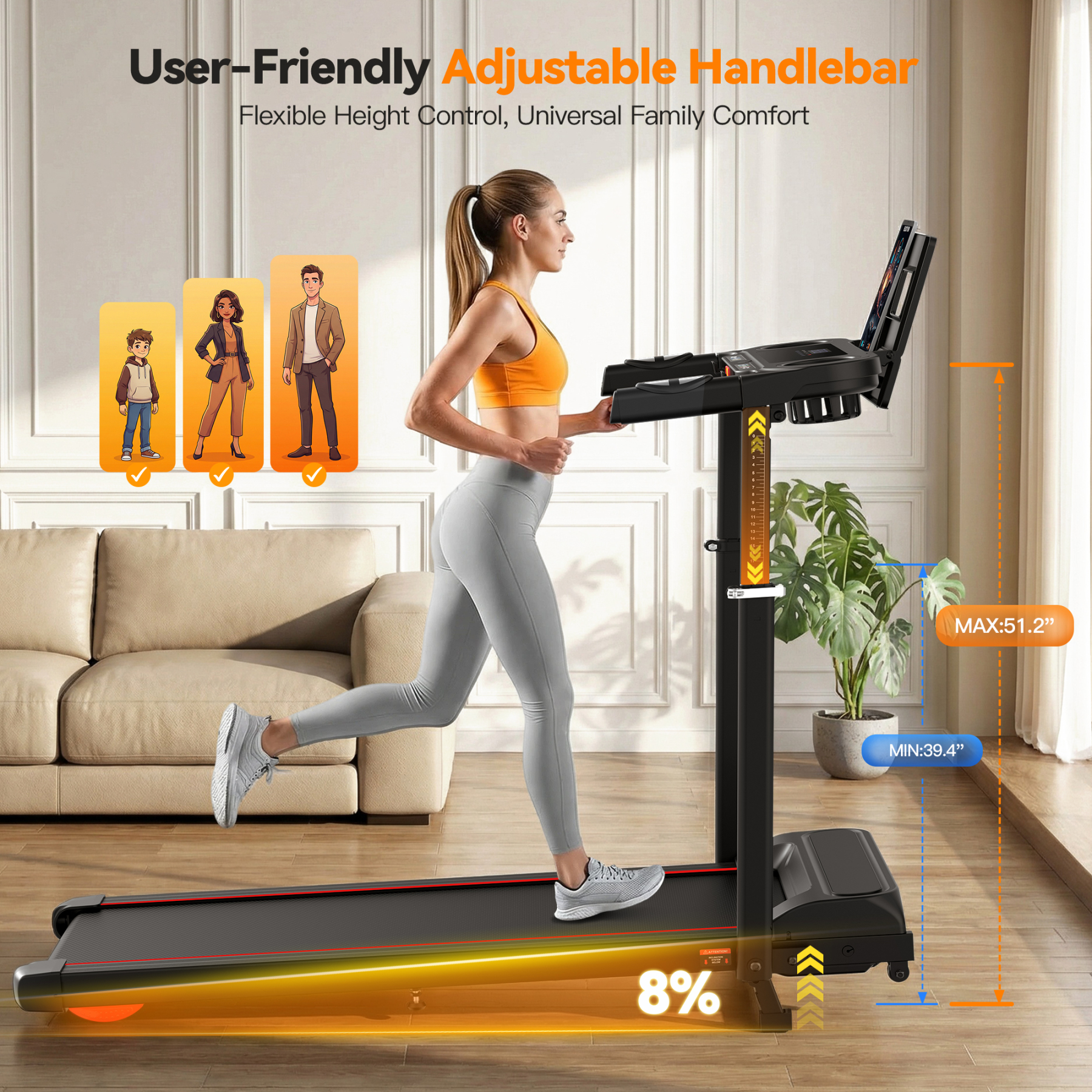 Adjustable Height Treadmill with Foldable Workstation & 8% Incline, 3.5HP Portable Treadmills for Home 300 lbs Weight Capacity, 12 Programs, Heart Rate Monitor,Installation in 4 Steps
