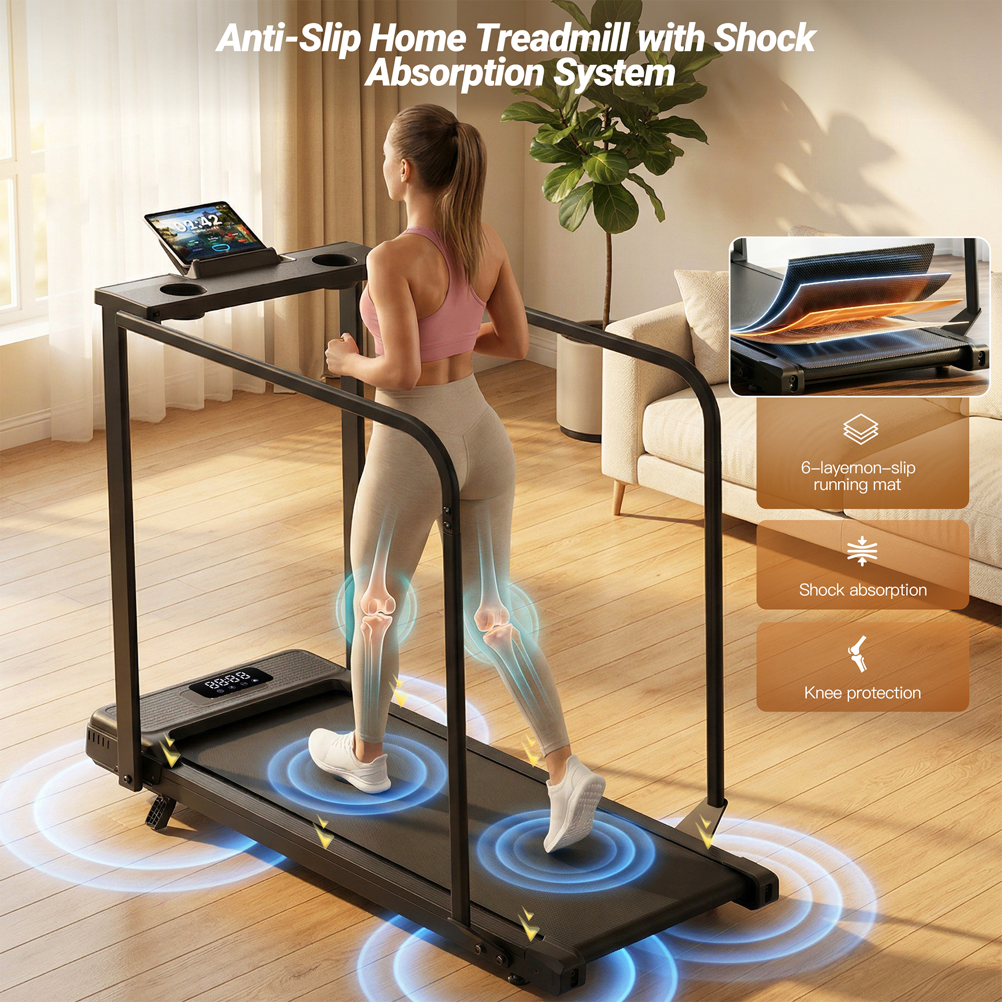 Simpfree 2.5HP Treadmill for Home 300 lbs Capacity, Walking Pad with Full-Length Handrails for Seniors, 5% Incline Portable Running Machine with Remote Control, LED Display, Cup & Phone Holder