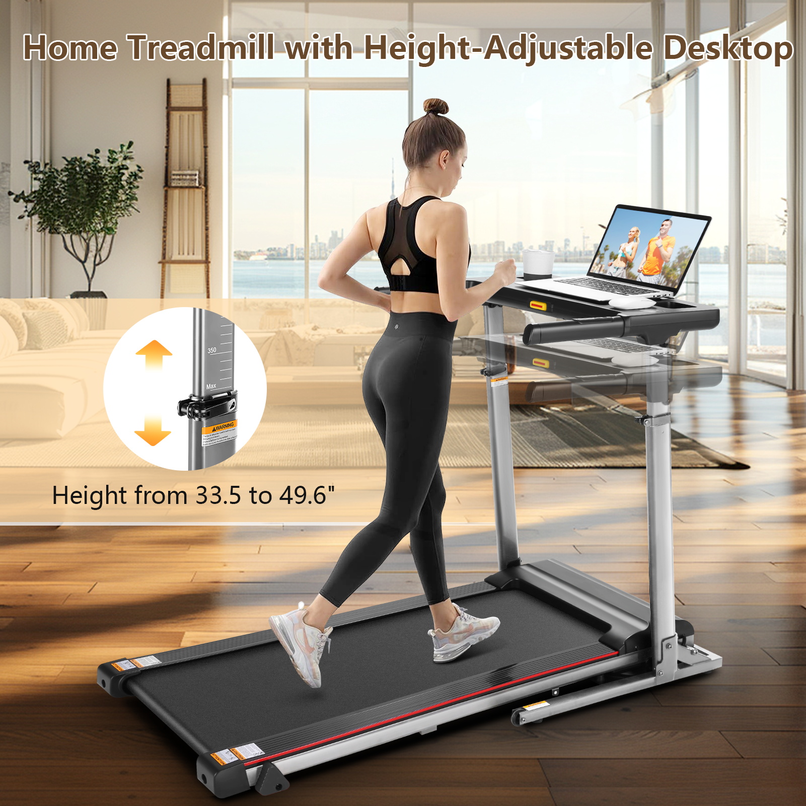 300 LBS Capacity Treadmill with Desk — 2.5 HP Portable Folding Treadmill for Home, Running Machine with Incline & App, Bluetooth Speakers, LED Monitor and 64 Preset Programs for Home（GRAY）