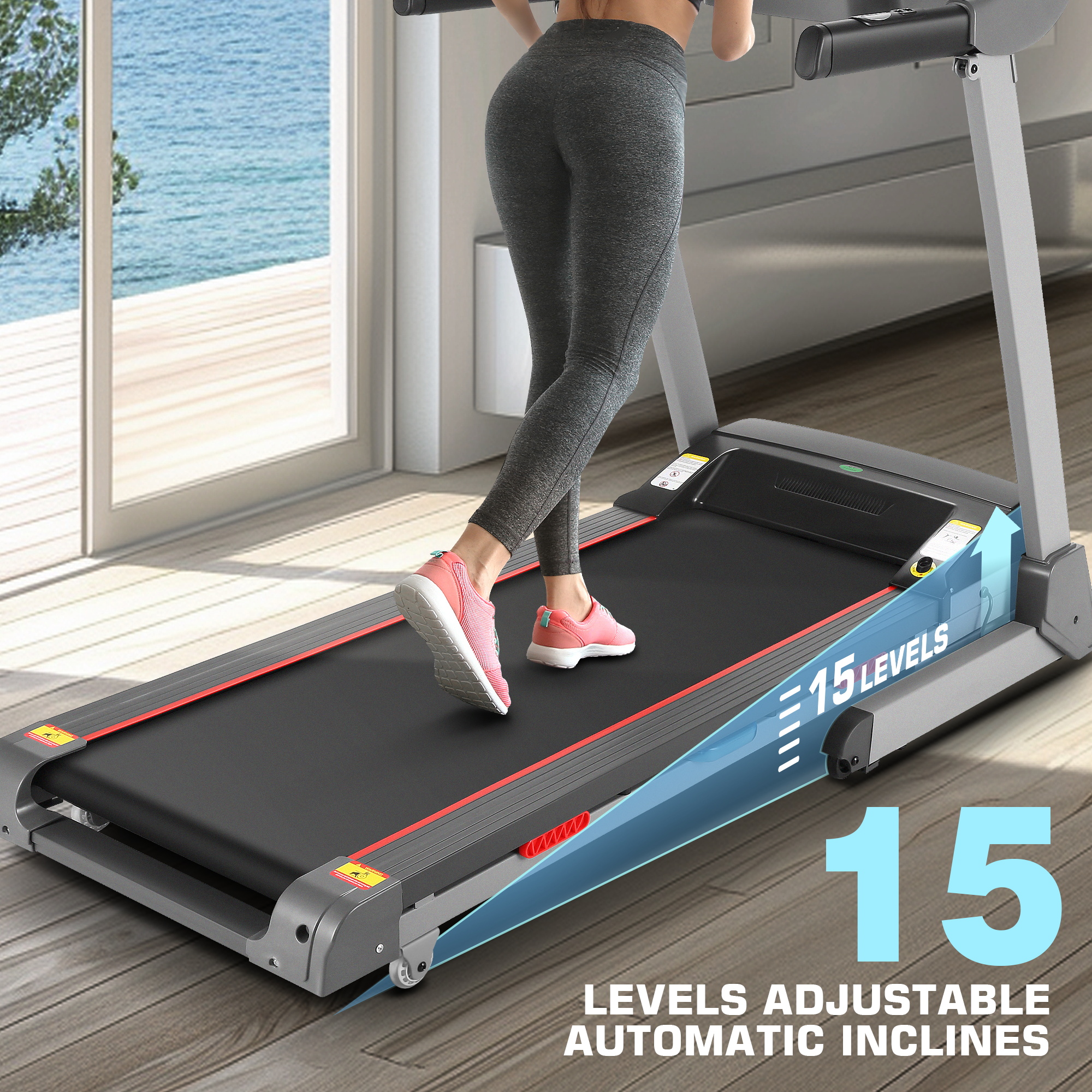 Simpfree Treadmill with 15-Level Auto Incline, 300LBS Electric Treadmill for Home Gym Cardio Training, 3.25HP Running Machine Home Exercise, Smart APP & Audio Speakers, LED(Silver)