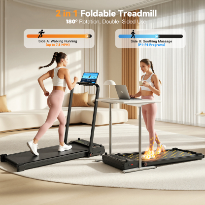 Simpfree Walking Pad Treadmill with Foot Massage, Versatile Dual-Sided Under Desk Treadmill with Handle Bar, 2.5HP Foldable Treadmill for Home/Office with 300LBS Weight Capacity,0.6-7.5MPH