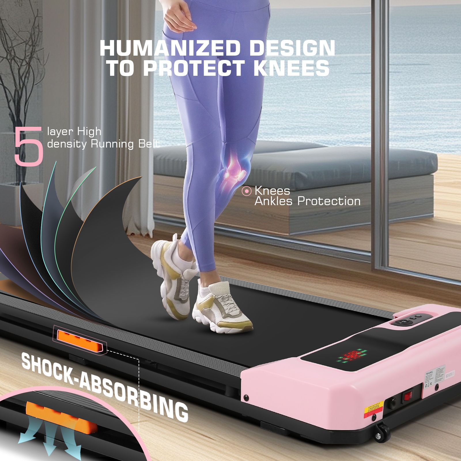 Walking Pad with Shock-absorbing Rubber, 2 in 1 Under Desk Treadmill with Remote Control, 300lbs Portable Treadmill with 3 Custom Modes for Home/Office (Pink)