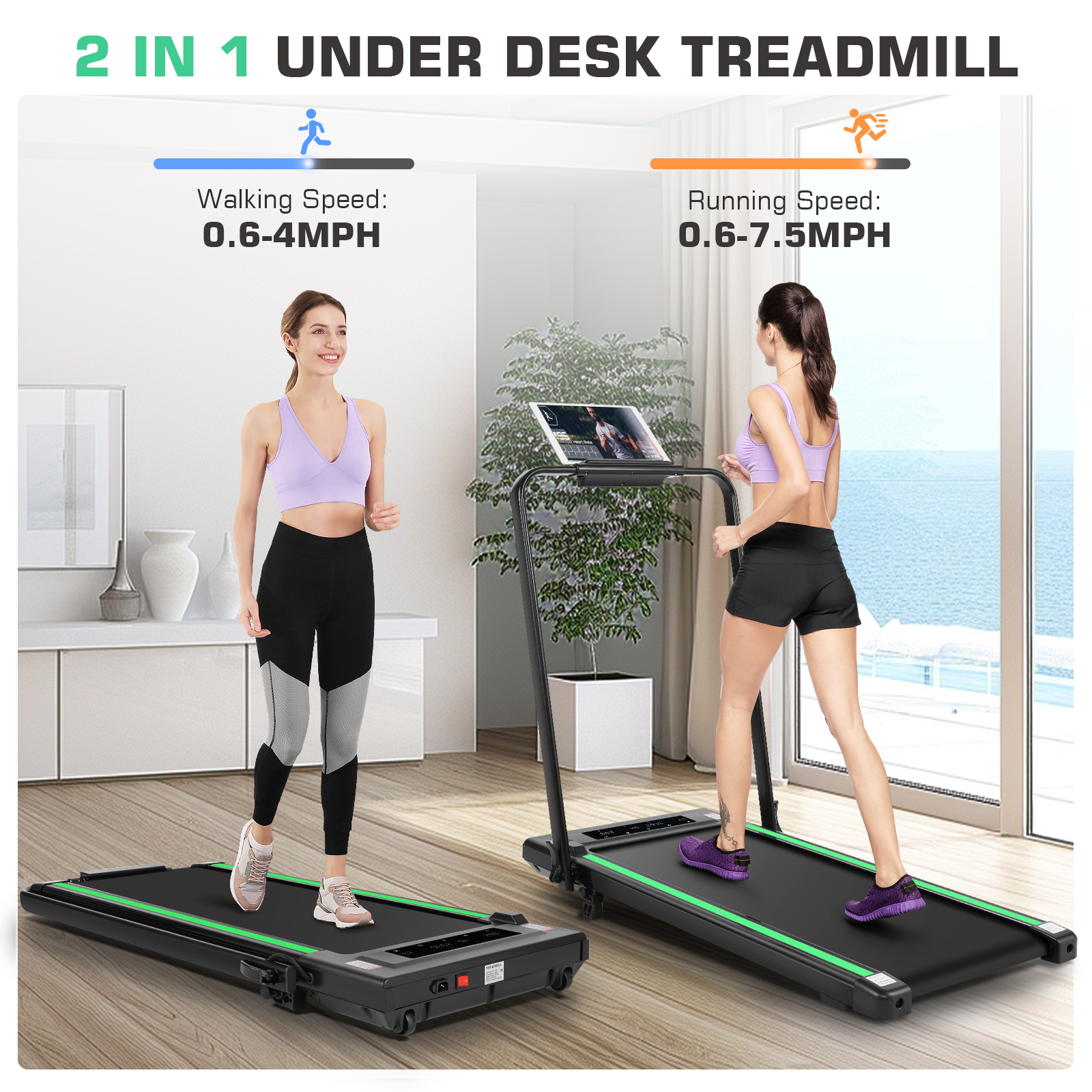 2 in 1 Under Desk Treadmill with Incline-Max 300lb Capacity, Walking Pad/Compact Electric Treadmill for Home/Gym/Office with LED Touch Screen/Remote Watch/2s Folding Treadmill（Green）
