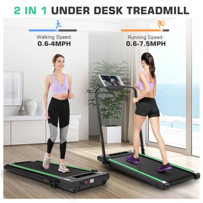 2 in 1 Under Desk Treadmill with Incline-Max 300lb Capacity, Walking Pad/Compact Electric Treadmill for Home/Gym/Office with LED Touch Screen/Remote Watch/2s Folding Treadmill（Green）