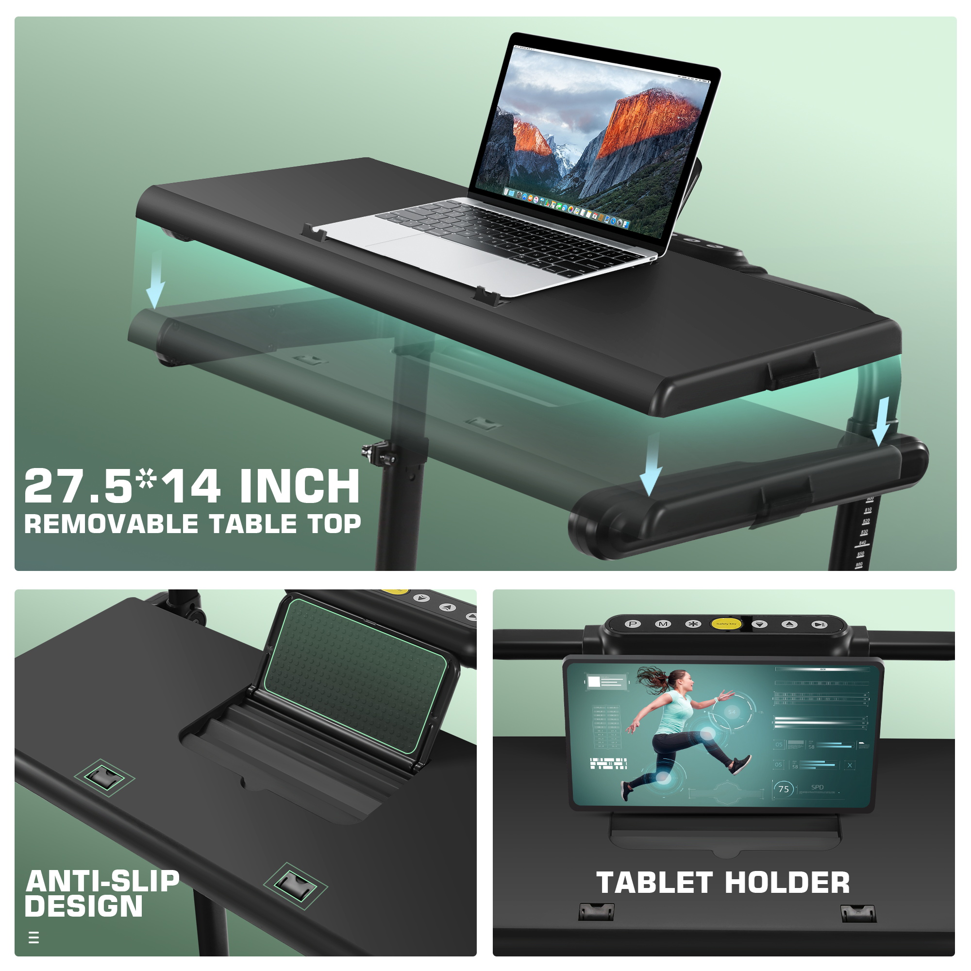 Simpfree 3 in 1 Under Desk Treadmill with Height-adjustable Desk,Max 300lbs Capacity,Walking Pad with LED Touch Screen,Remote Control,2s Folding Treadmill,No installation required,0.5-7.5mph/h（Green）