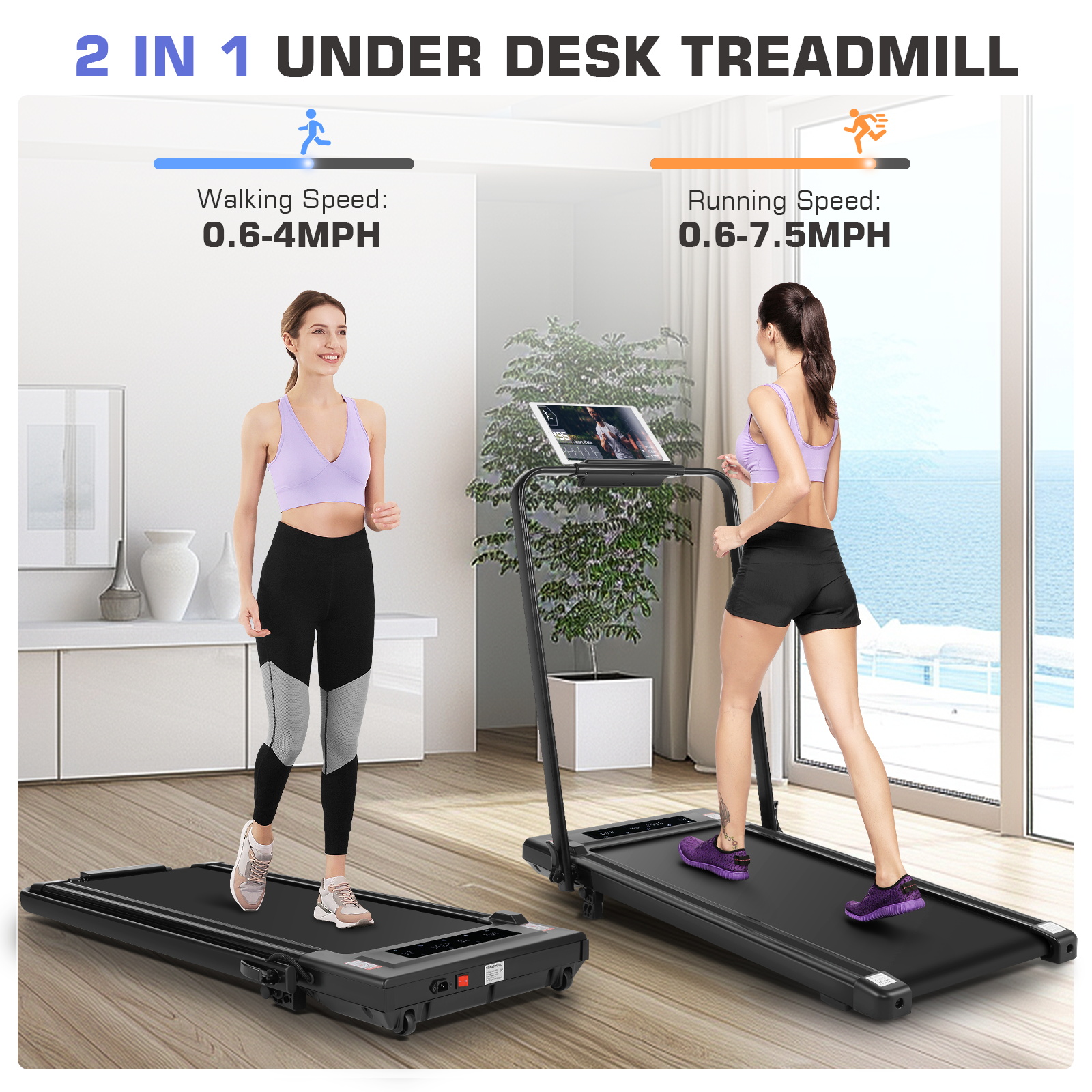 Simpfree 2 in 1 Under Desk Treadmill with Incline, Max 300lbs Capacity, Walking Pad/Compact Electric Treadmill for Home/Office with LED Touch Screen/Remote Watch |2s Folding Treadmill(Black)