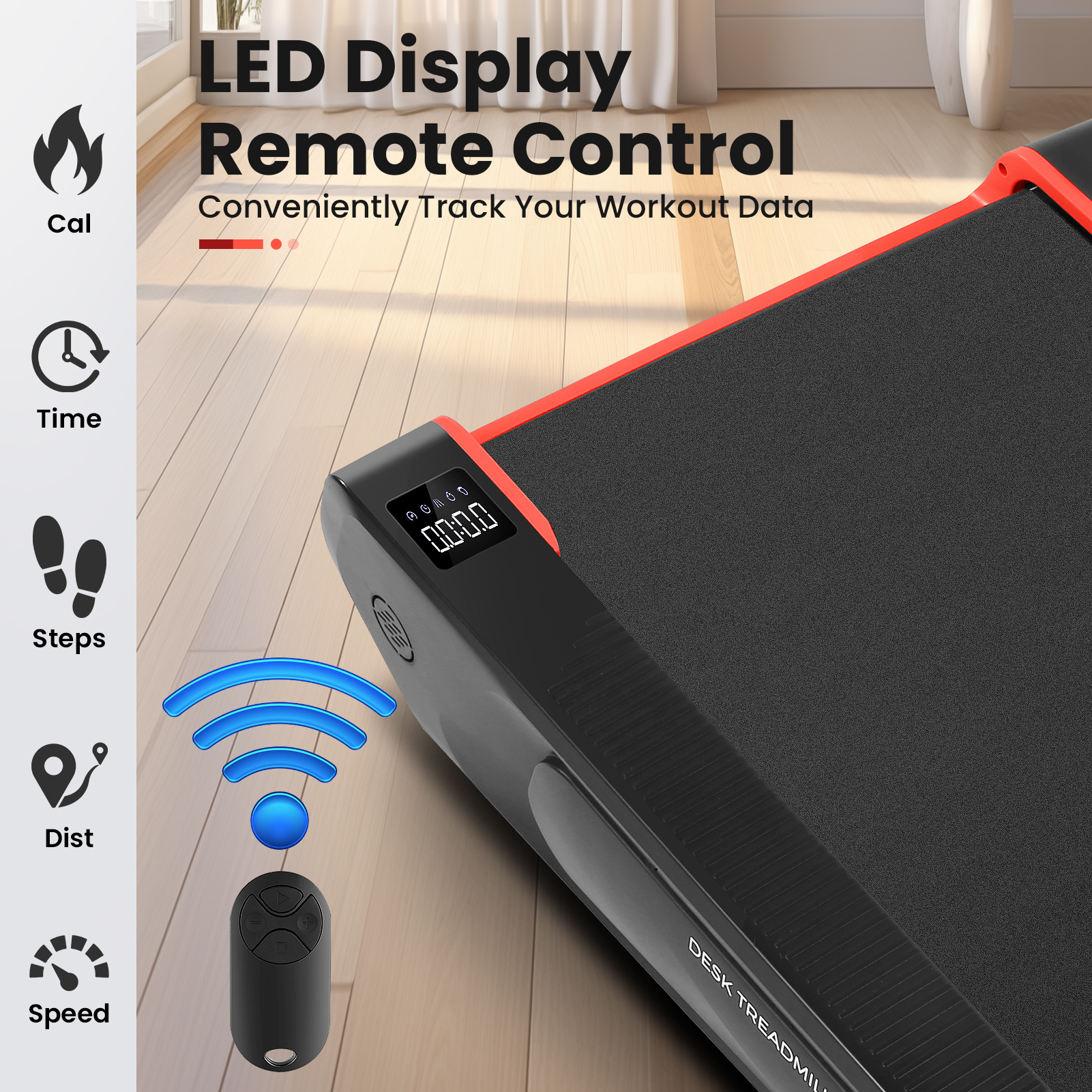 Walking Pad Treadmill with 5% Incline, 2.5HP Under Desk Treadmil with Remote and Unique Lamp Strip Design for Walking Running, Black & Red 300 Lbs Capacity