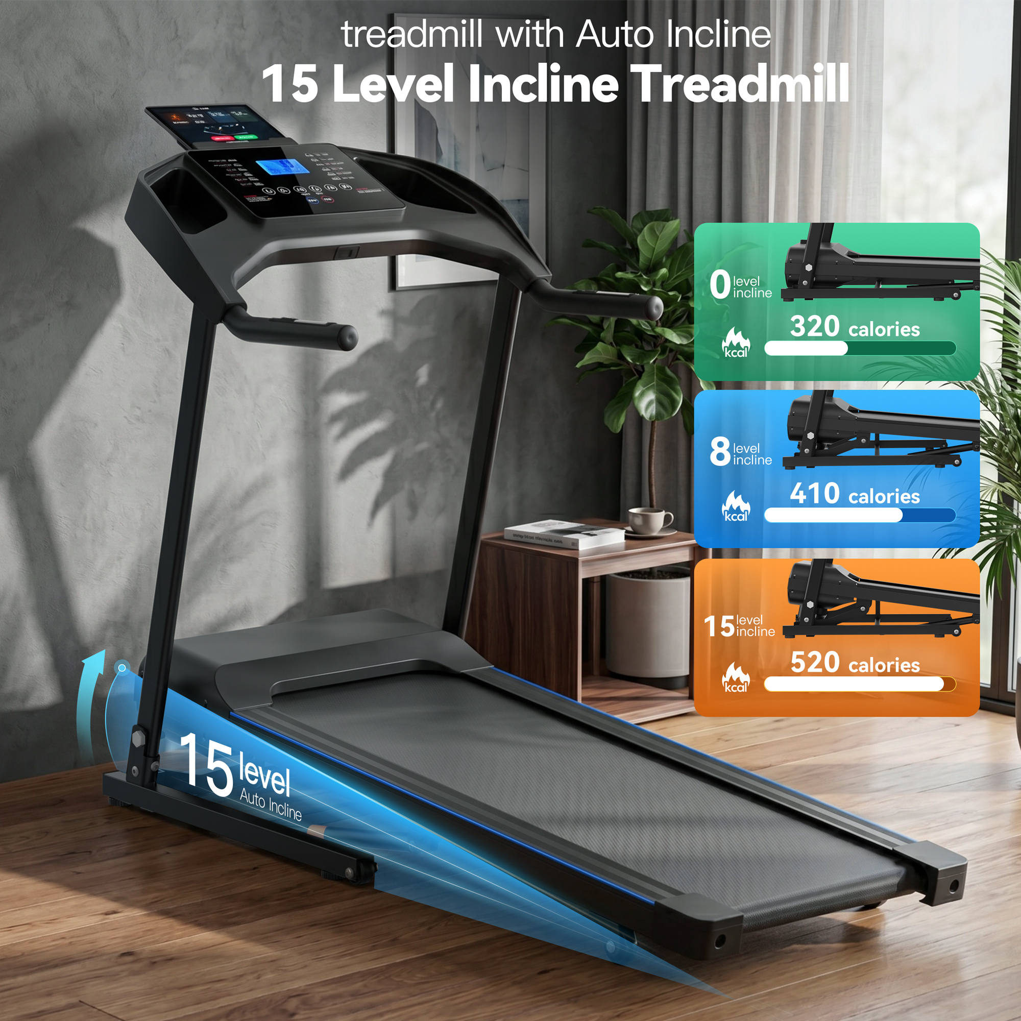Simpfree 4.5HP Folding Treadmill with 15-Level Auto Incline, 400 lbs Capacity Running Machine for Home Office, 8.5 MPH, 12 Programs