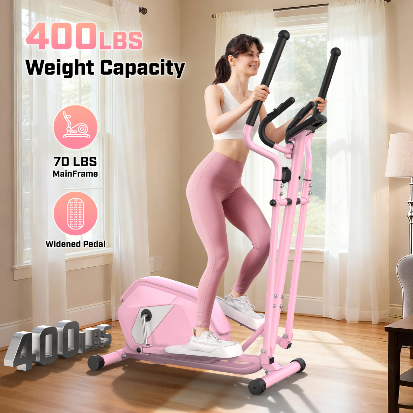 FUNMILY Ultra-Quiet Heavy Duty Elliptical Machine | 400LBS Capacity, 15-Inch Natural Stride, 14 Resistance Levels, Low Impact Cardio for Home Gym, Seniors & Small Spaces