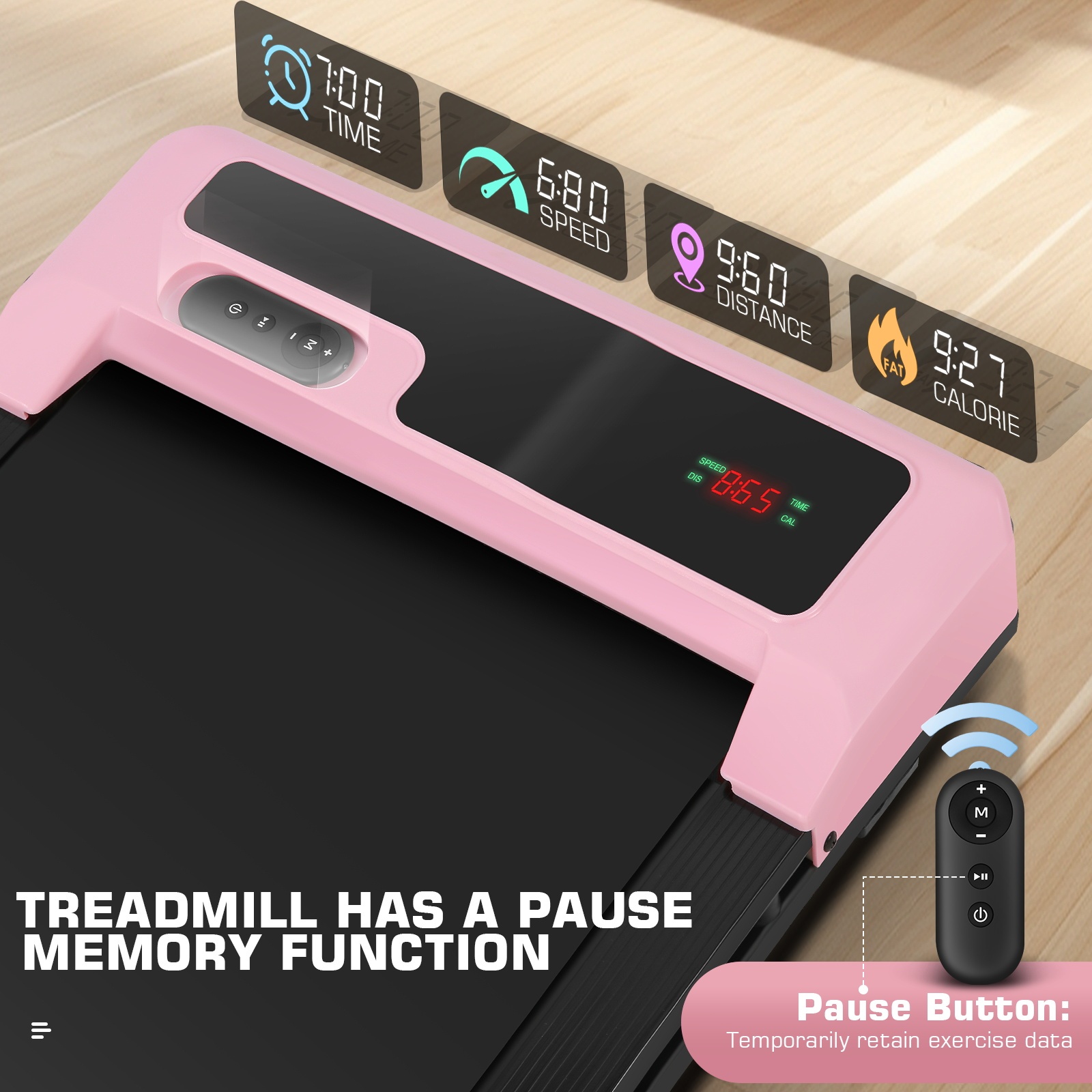 Walking Pad with Shock-absorbing Rubber, 2 in 1 Under Desk Treadmill with Remote Control, 300lbs Portable Treadmill with 3 Custom Modes for Home/Office (Pink)
