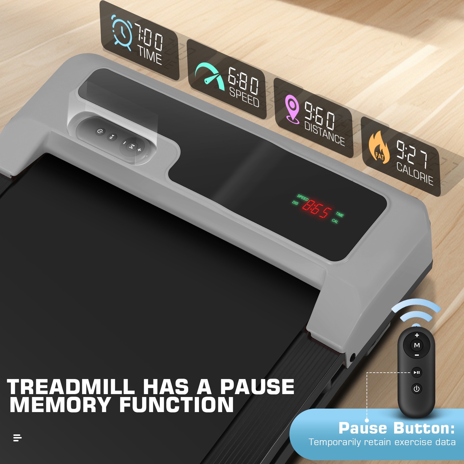 Simpfree Walking Pad with Shock-absorbing Rubber, 2 in 1 Under Desk Treadmill with Remote Control, 300lbs Portable Treadmill with 3 Custom Modes, 0.6-4mph/h (Gray)