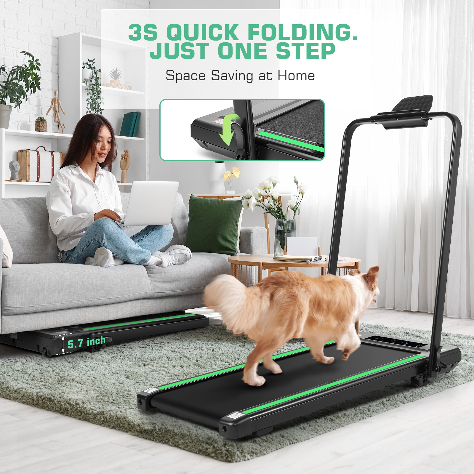 2 in 1 Under Desk Treadmill with Incline-Max 300lb Capacity, Walking Pad/Compact Electric Treadmill for Home/Gym/Office with LED Touch Screen/Remote Watch/2s Folding Treadmill（Green）