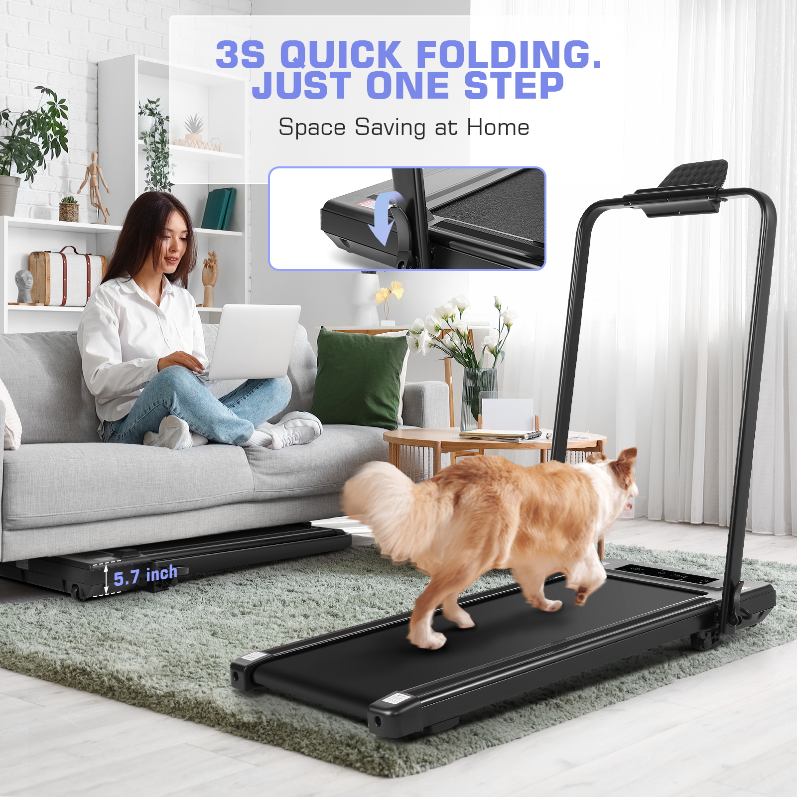 Simpfree 2 in 1 Under Desk Treadmill with Incline, Max 300lbs Capacity, Walking Pad/Compact Electric Treadmill for Home/Office with LED Touch Screen/Remote Watch |2s Folding Treadmill(Black)