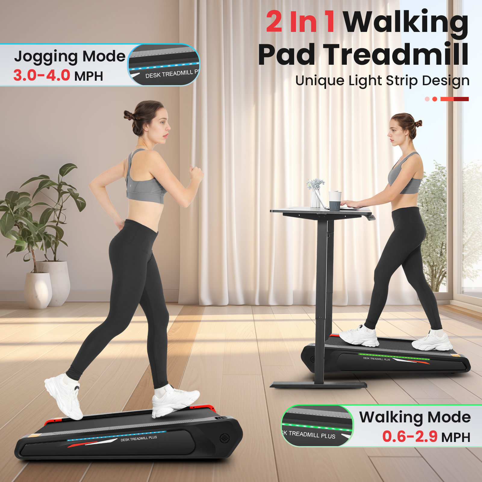 Walking Pad Treadmill with 5% Incline, 2.5HP Under Desk Treadmil with Remote and Unique Lamp Strip Design for Walking Running, Black & Red 300 Lbs Capacity